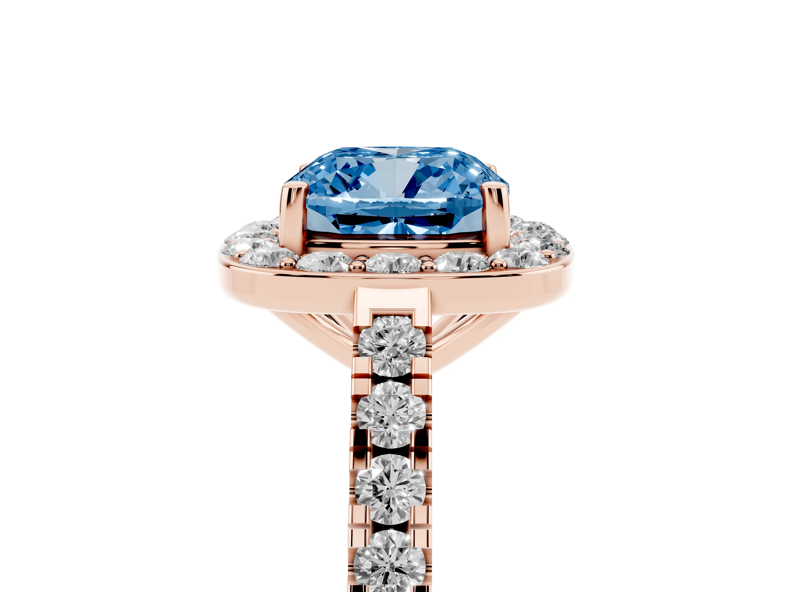 Fancy Blue Cushion Cut Diamond Halo Ring Set in Rose gold with Round Pavé Split Shank and Prong Setting
