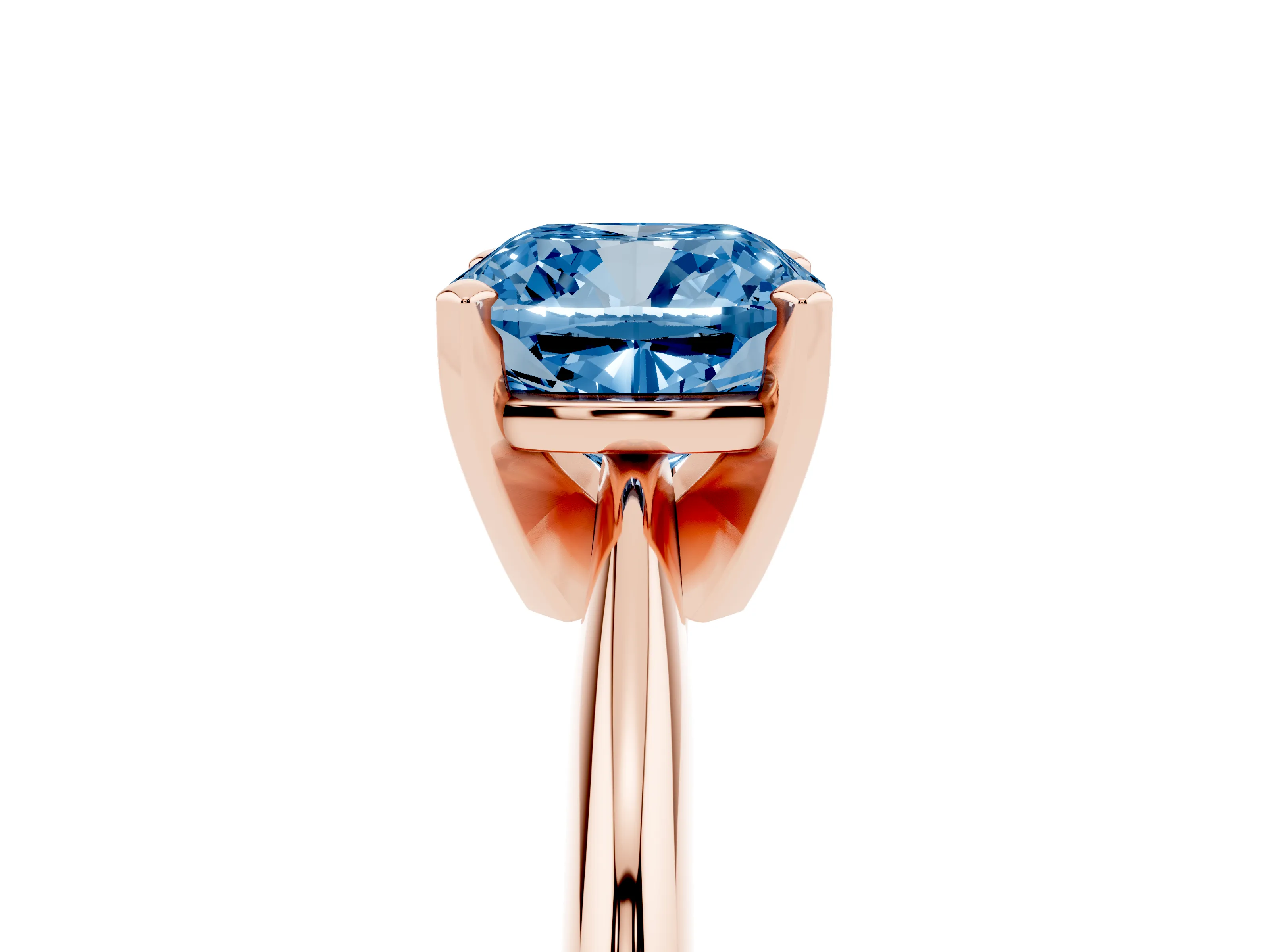 Fancy Blue Cushion Cut Diamond Solitaire Ring Set in Rose gold with Prong Setting on a Plain Round Band