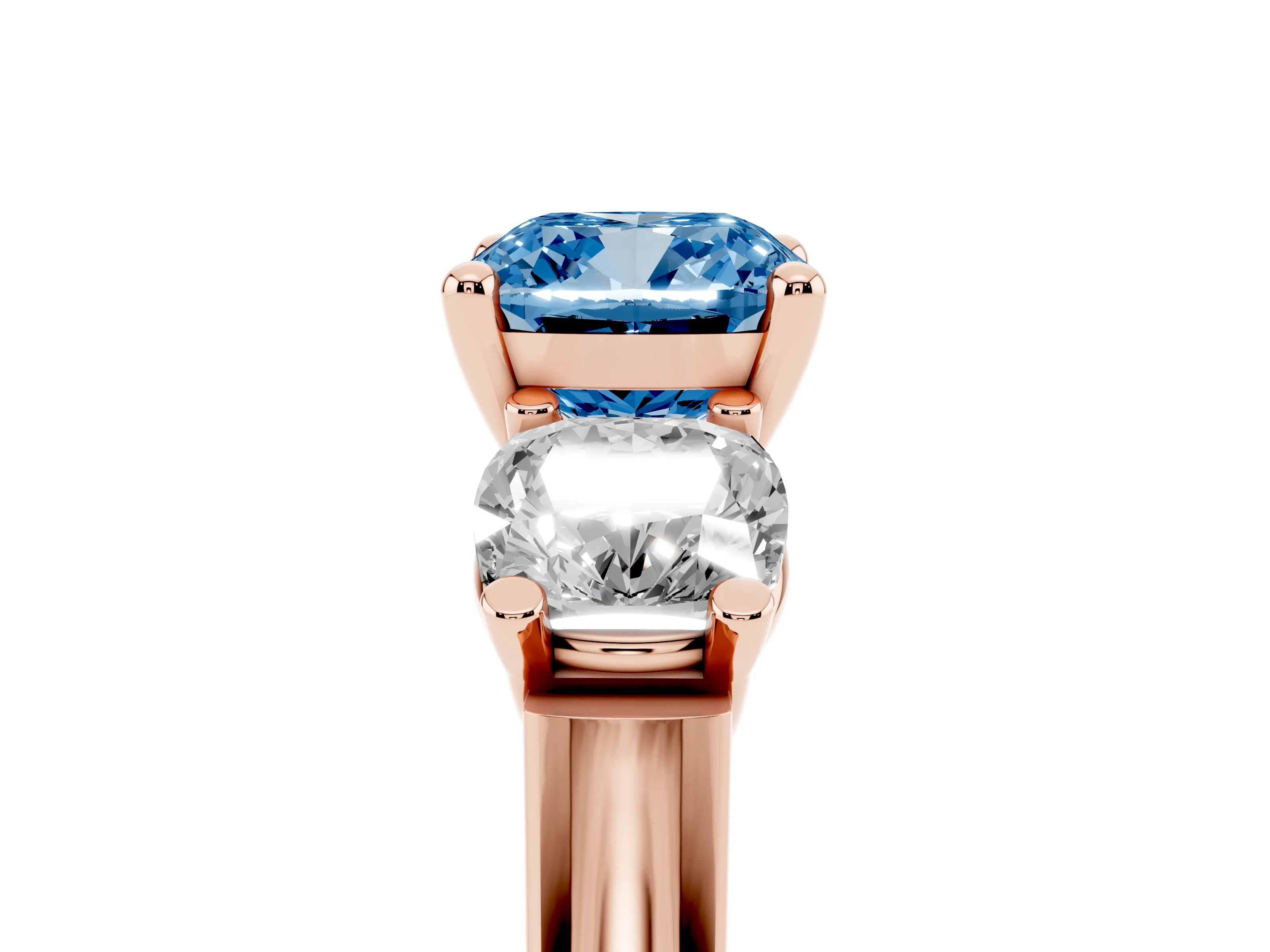 Fancy Blue Cushion Cut Diamond Three-Stone Trellis Ring Set in Rose gold with Comfort Fit Band
