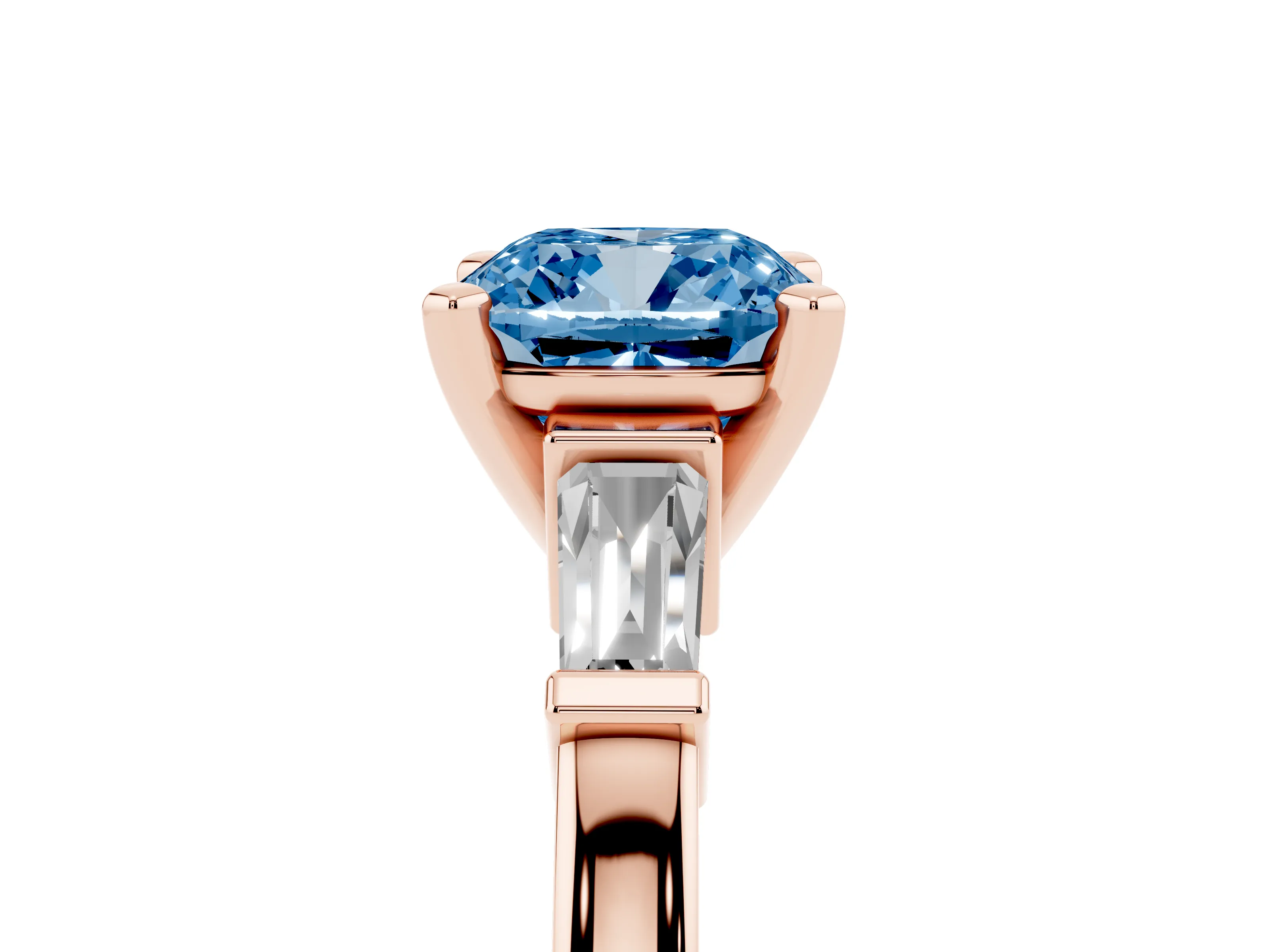 Fancy Blue Cushion Cut Diamond Solitaire Ring Set in Rose gold with Tapered Baguette Accents and Prong Setting