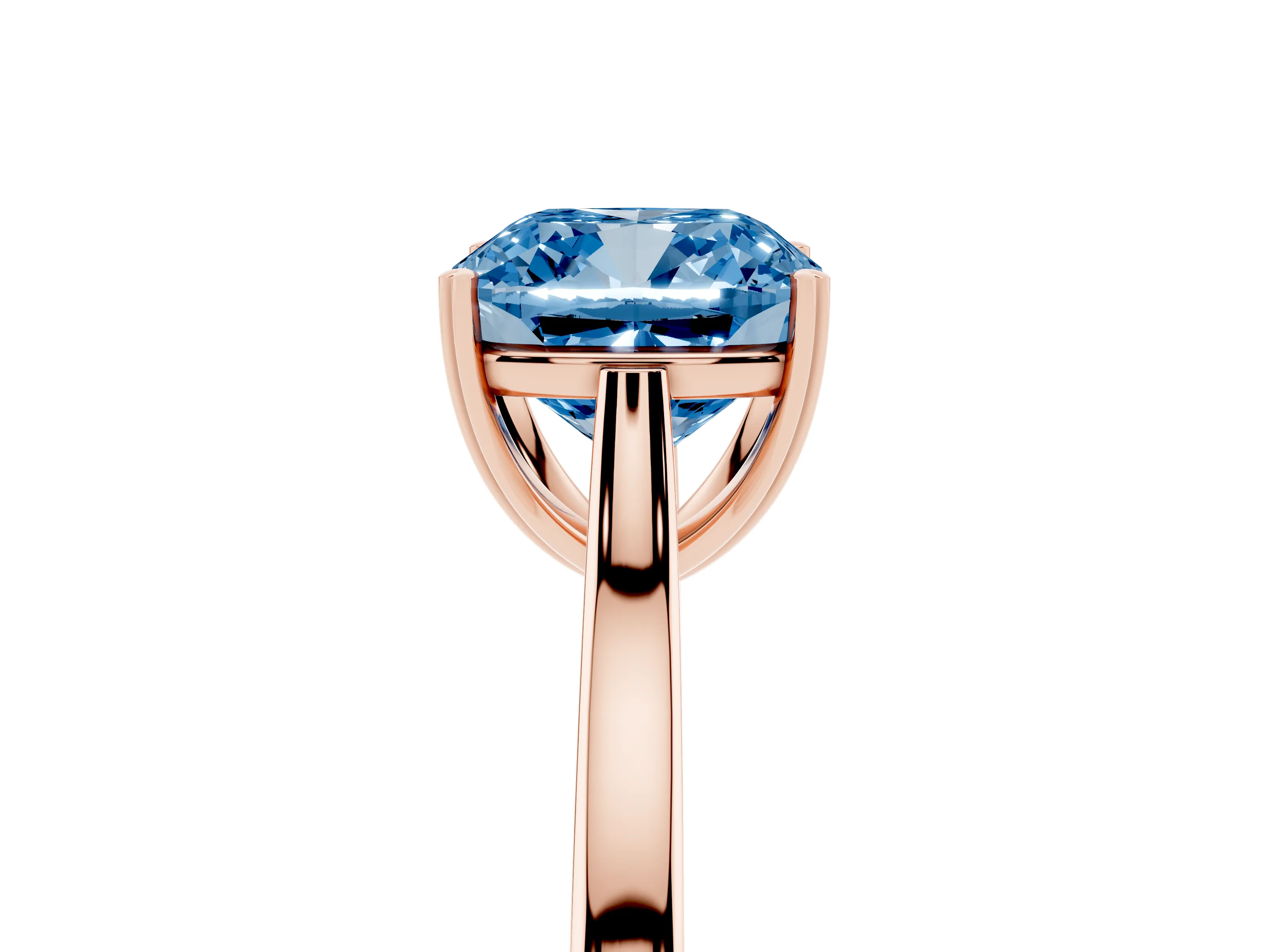 Fancy Blue Cushion Cut Diamond Solitaire Heart Prong Engagement Ring Set in Rose gold with Tapered Band