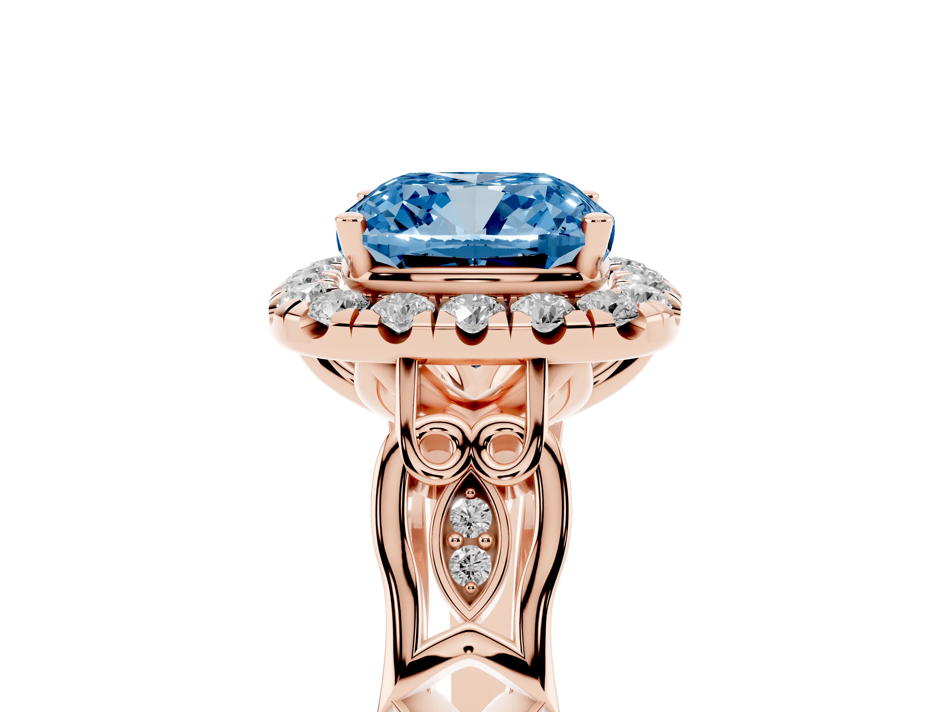 Fancy Blue Cushion Cut Diamond Halo Engagement Ring Set in Rose gold with Filigree Band and Prong-Set Center