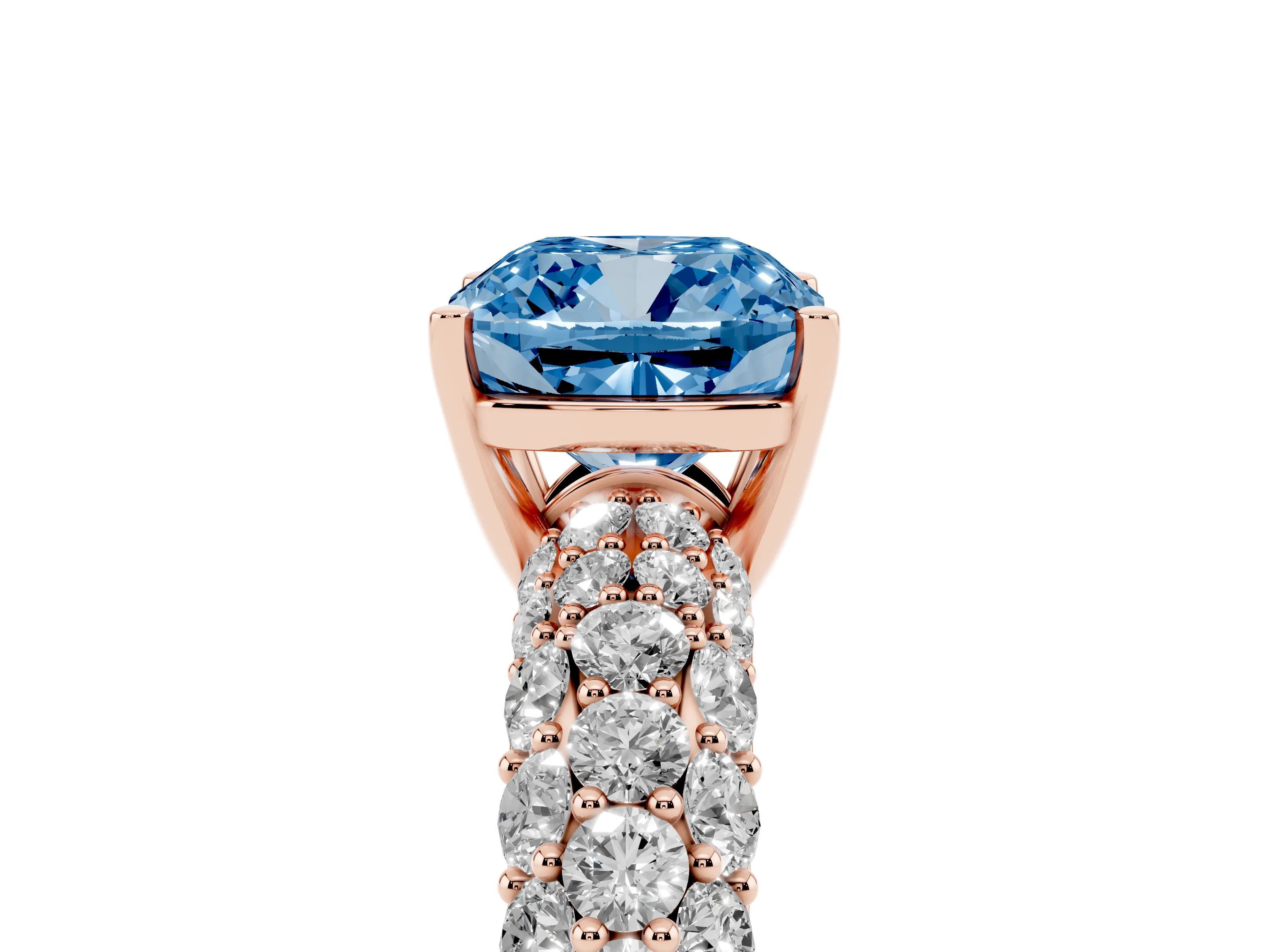 Fancy Blue Cushion Cut Diamond Pavé Band Solitaire Ring Set in Rose gold with Close-Set Accent Stones and Prong Setting