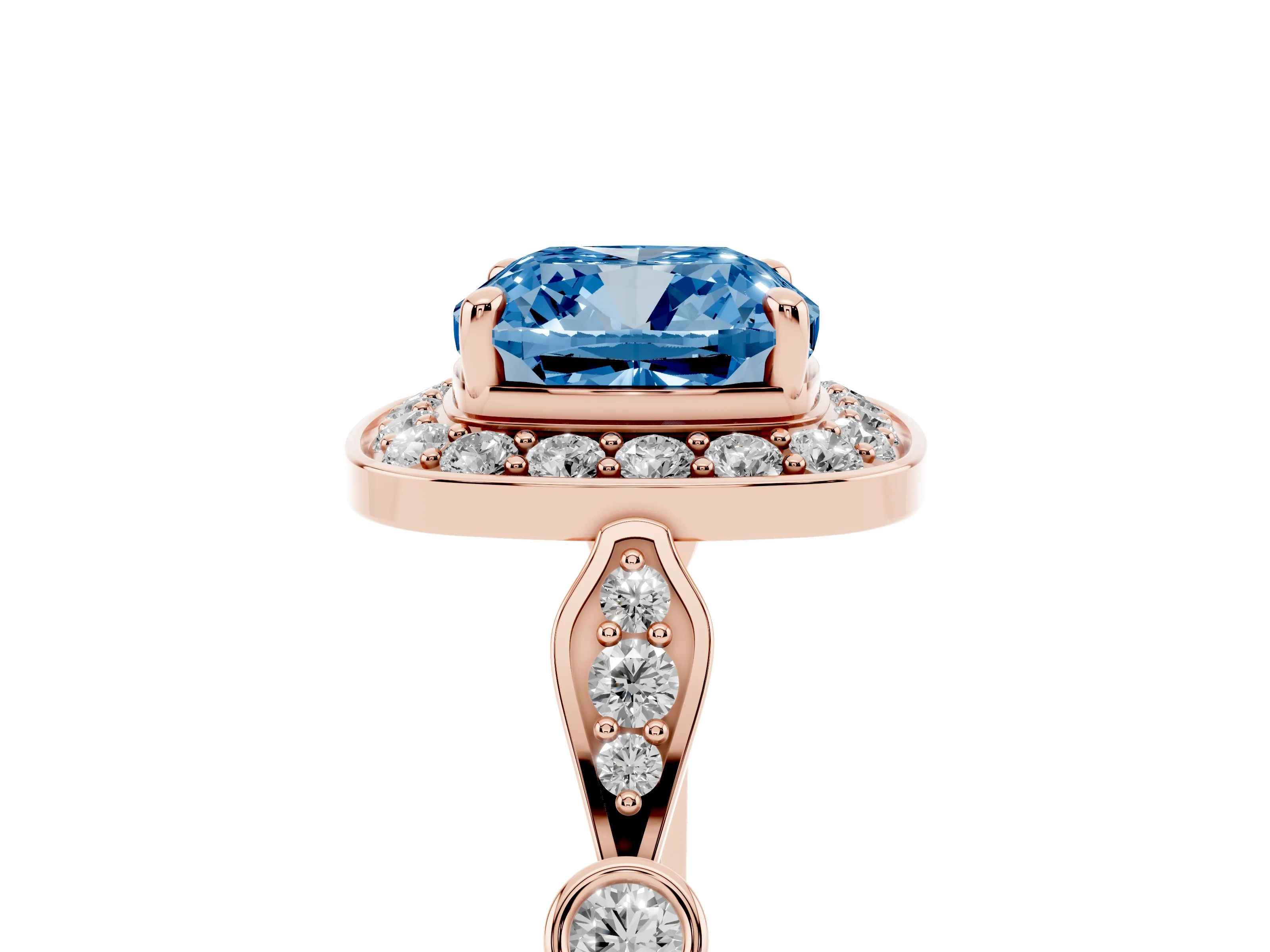 Fancy Blue Cushion Cut Diamond Halo Engagement Ring Set in Rose gold with Twisted Band and Prong Setting