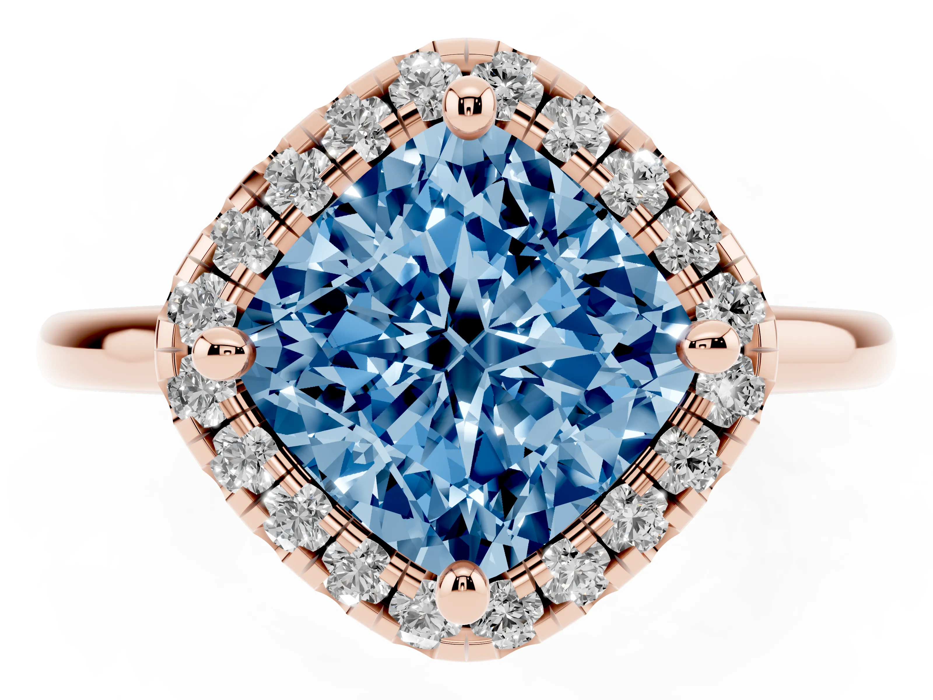 Fancy Blue Cushion Cut Diamond Halo Engagement Ring Set in Rose gold with Pavé Band and Rising Shoulders
