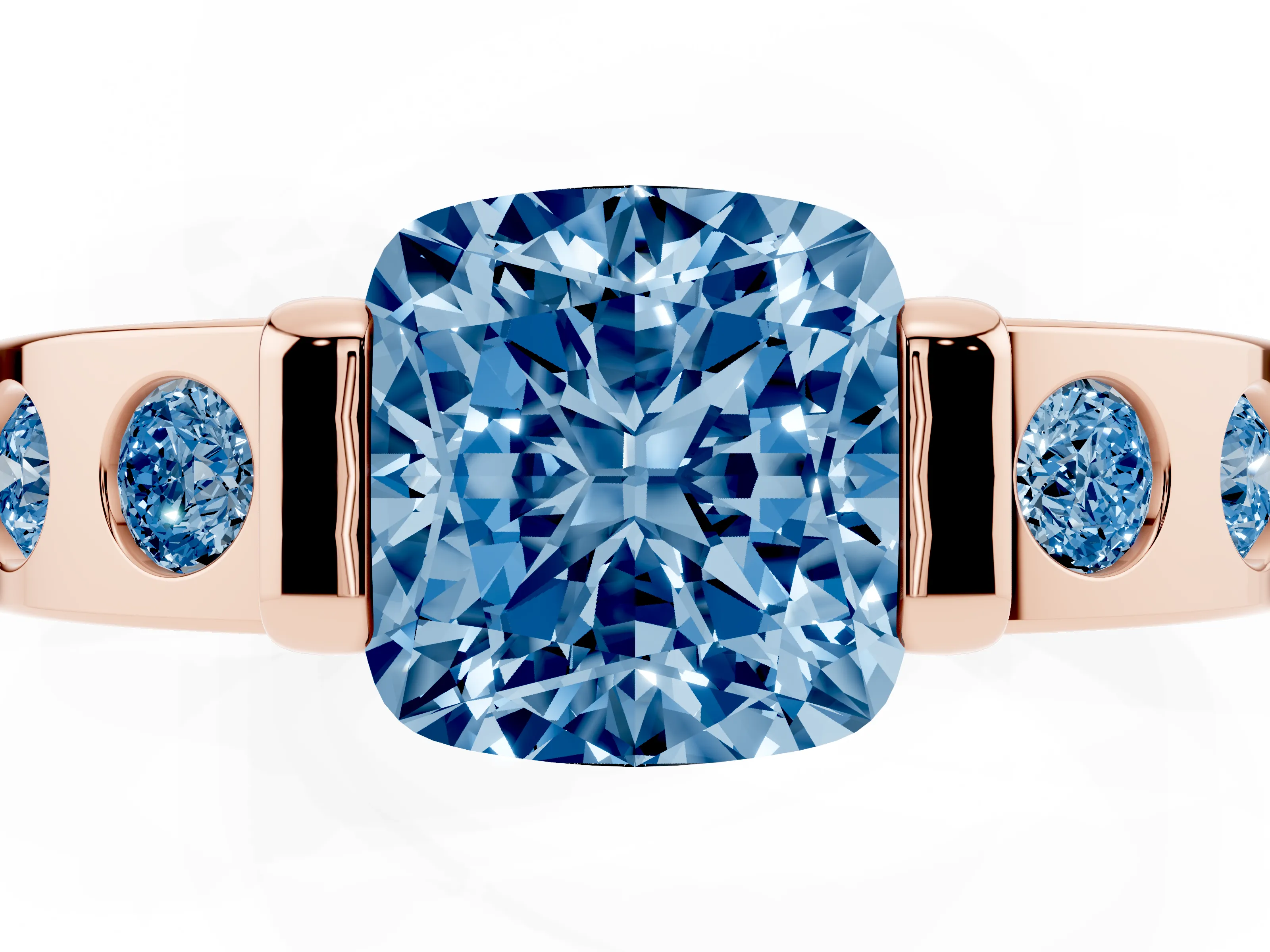 Fancy Blue Cushion Cut Diamond Channel-Set Band Ring Set in Rose gold with Bezel Prong Setting