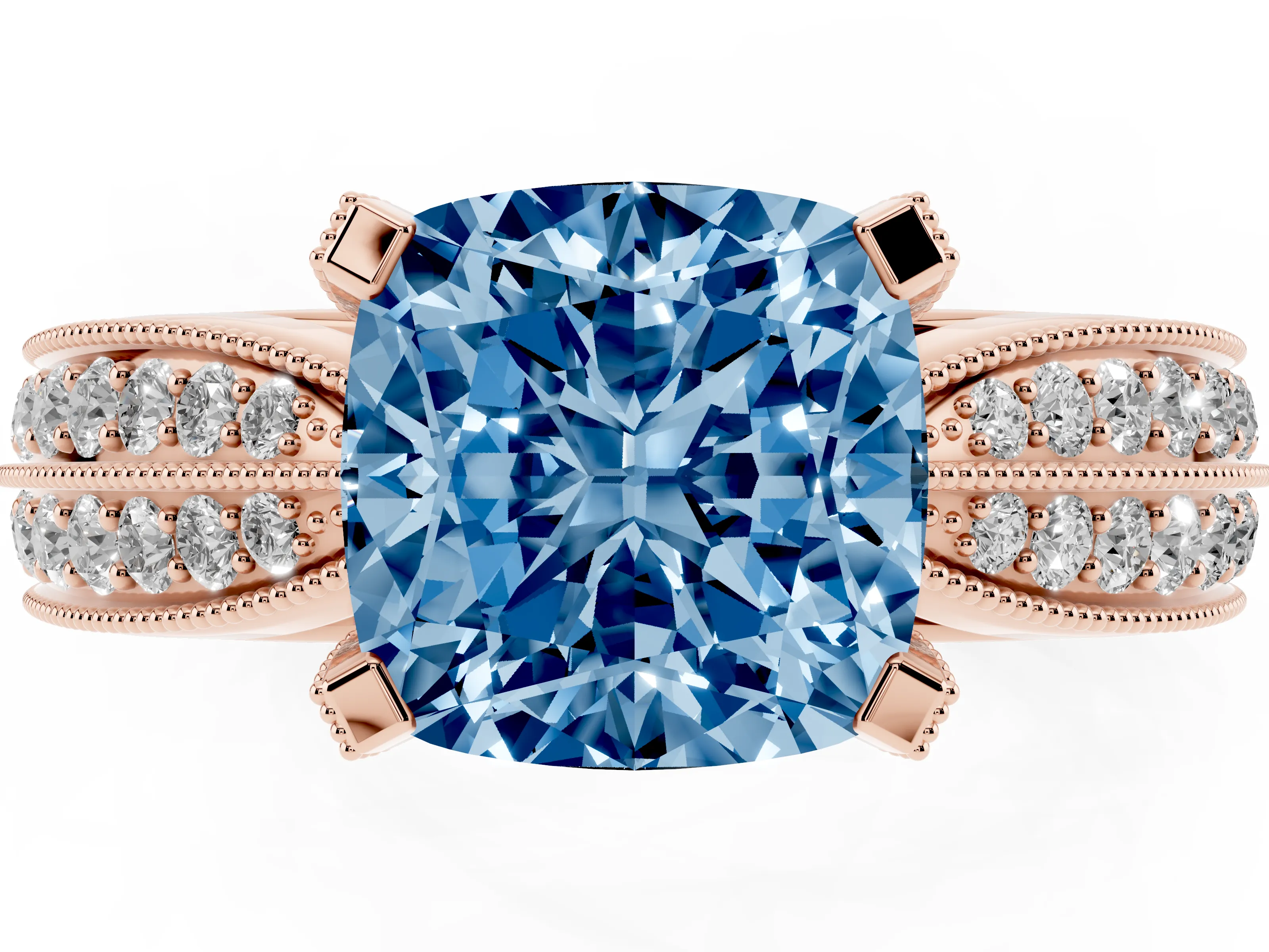 Fancy Blue Cushion Cut Diamond Solitaire Ring Set in Rose gold with Milgrain Double Row Round Pavé Band