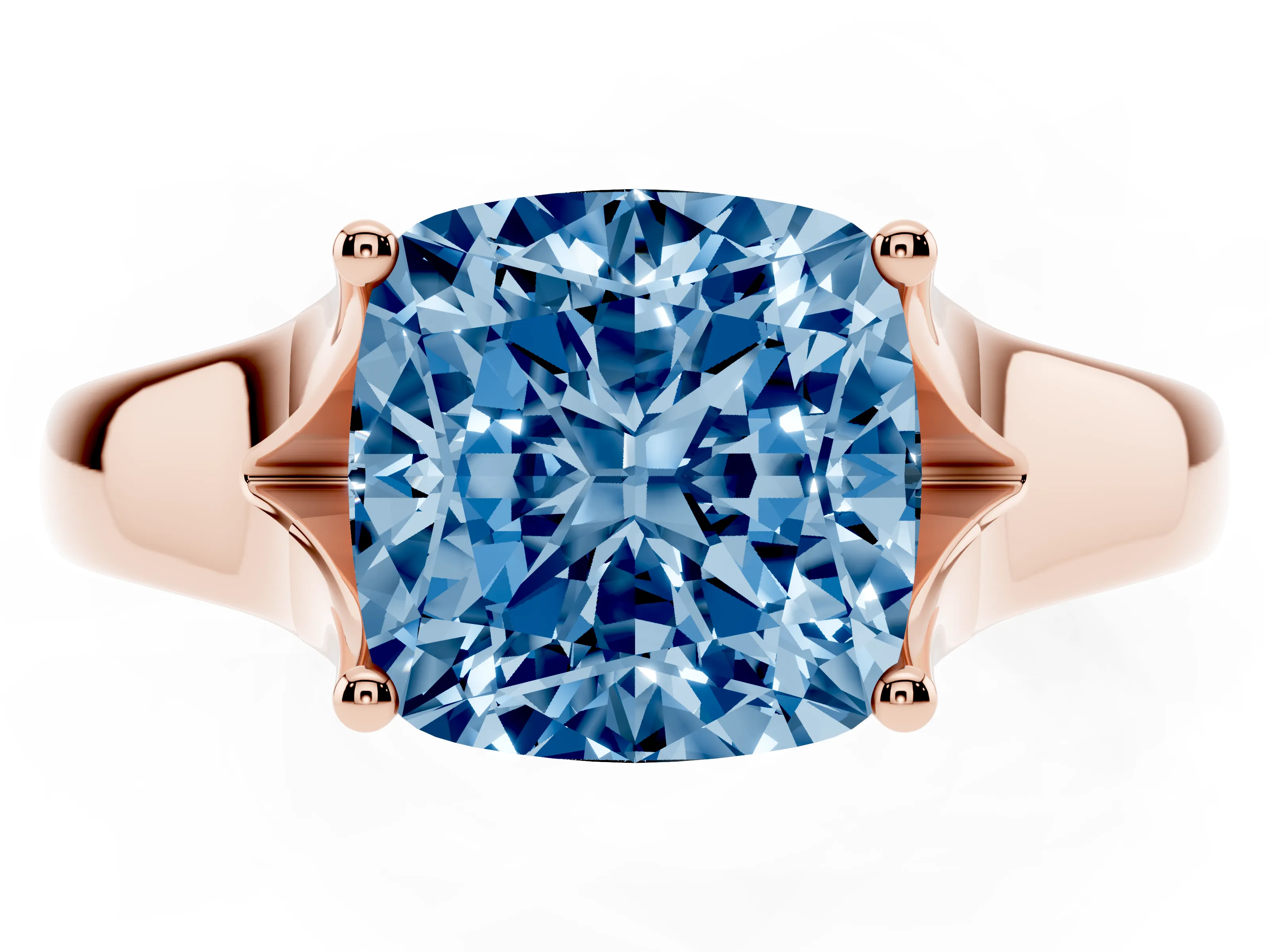 Fancy Blue Cushion Cut Diamond Solitaire Ring Set in Rose gold with Arched Cathedral Band and Prong Setting