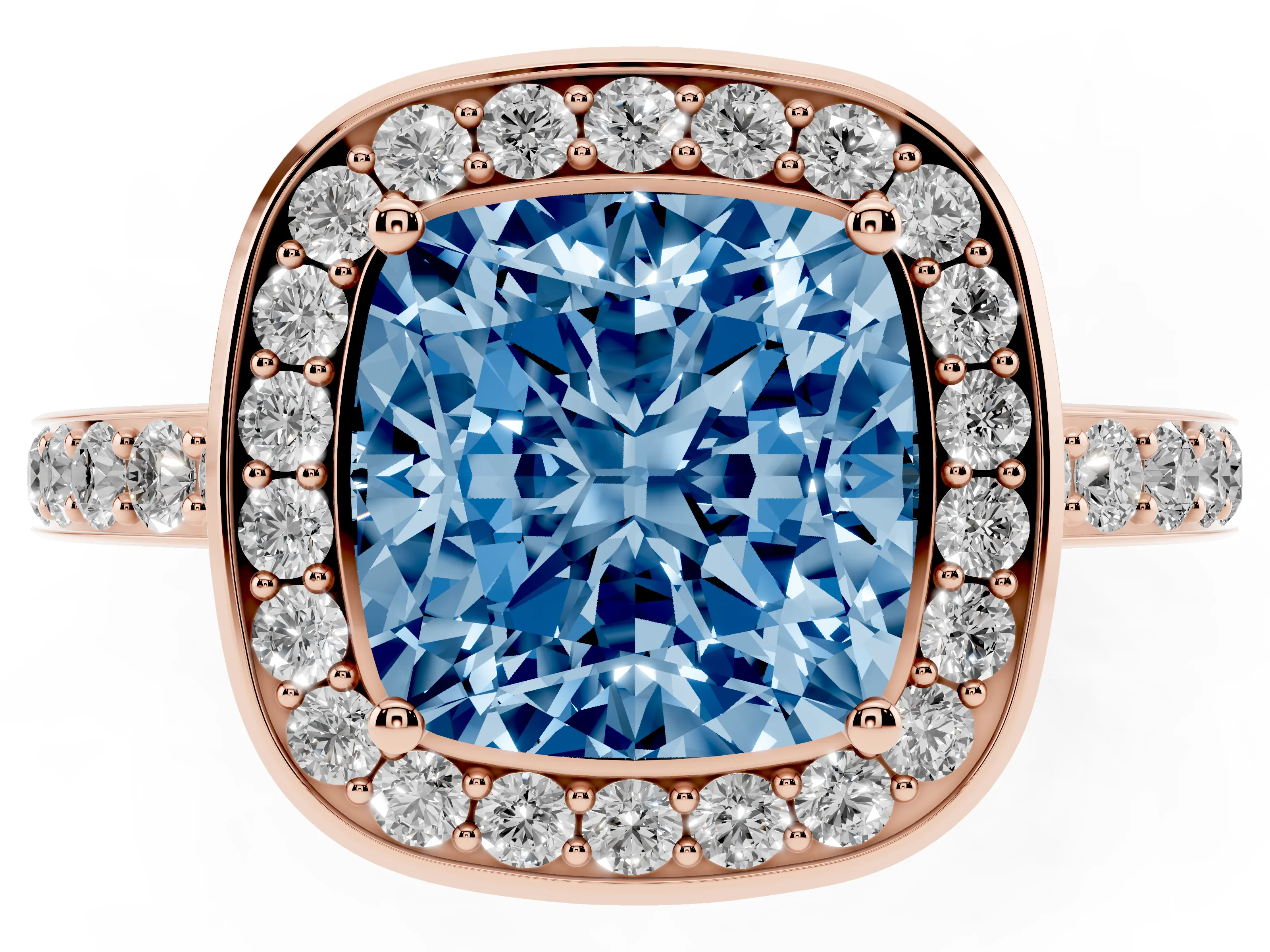 Fancy Blue Cushion Cut Diamond Halo Ring Set in Rose gold with Bezel Frame and Pavé Band