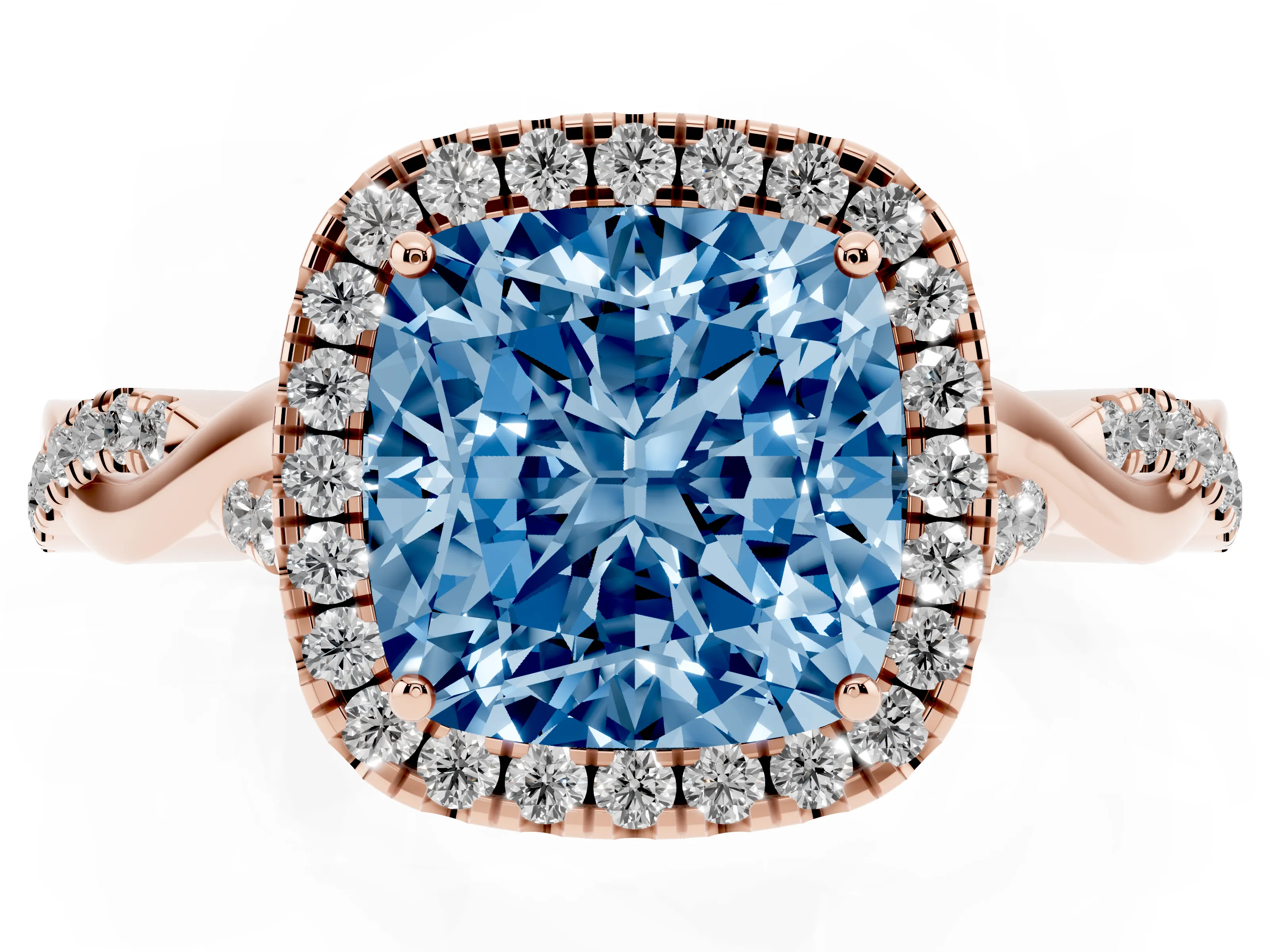 Fancy Blue Cushion Cut Diamond Halo Twist Band Solitaire Ring Set in Rose gold with Prong Setting
