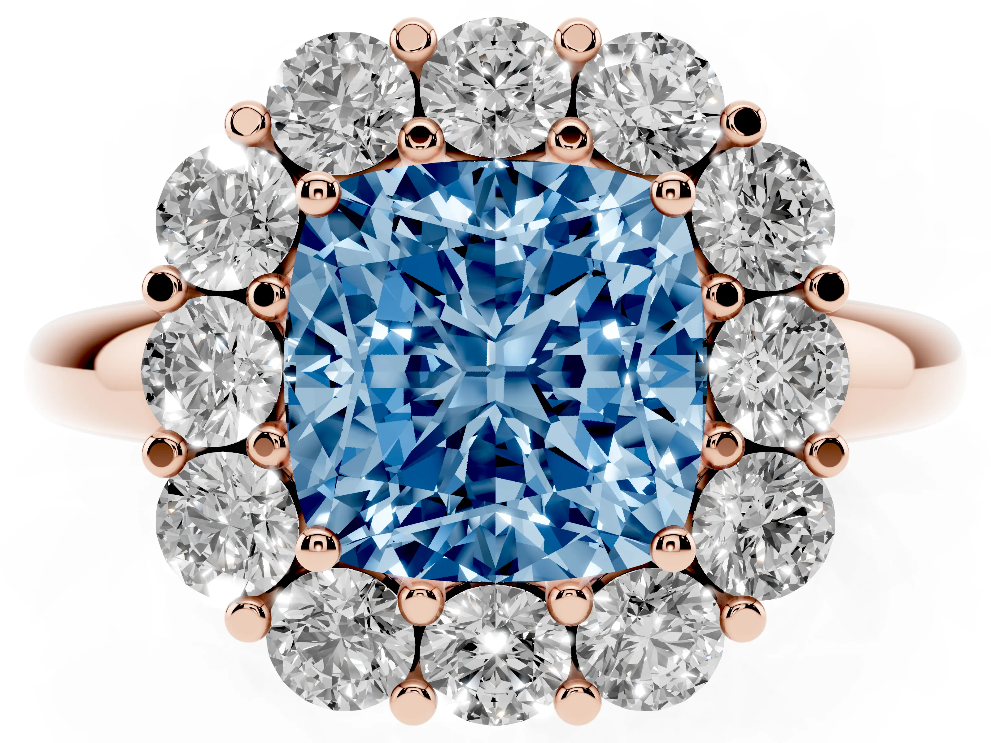 Fancy Blue Cushion Cut Diamond Halo Cluster Engagement Ring Set in Rose gold with Polished Band and Prong Setting