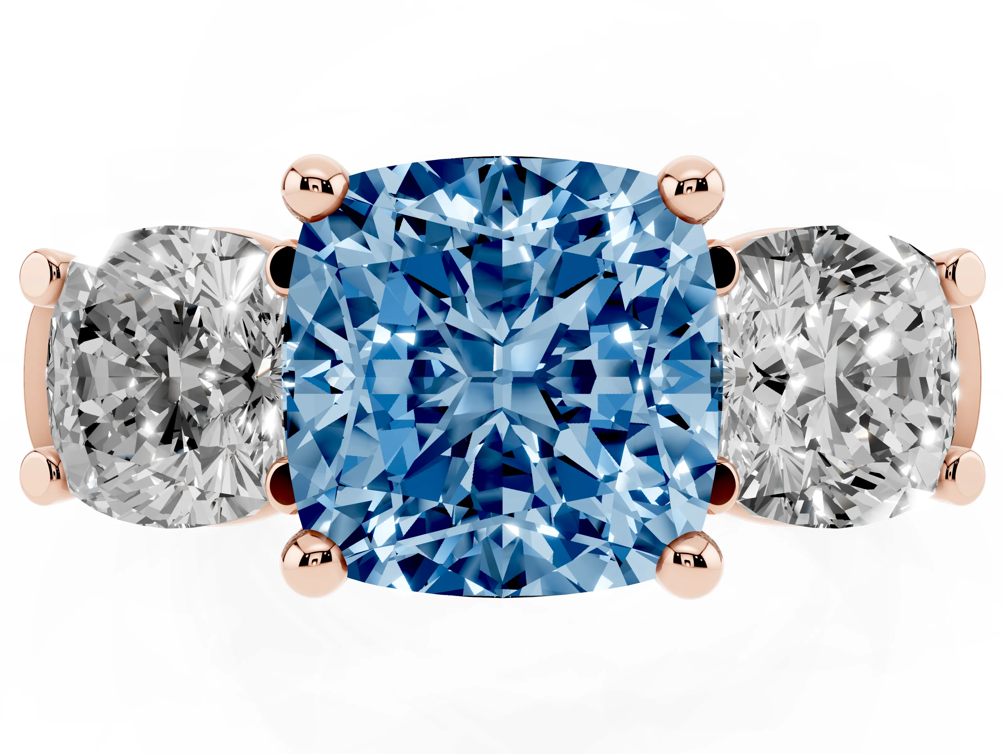 Fancy Blue Cushion Cut Diamond Three-Stone Trellis Ring Set in Rose gold with Comfort Fit Band
