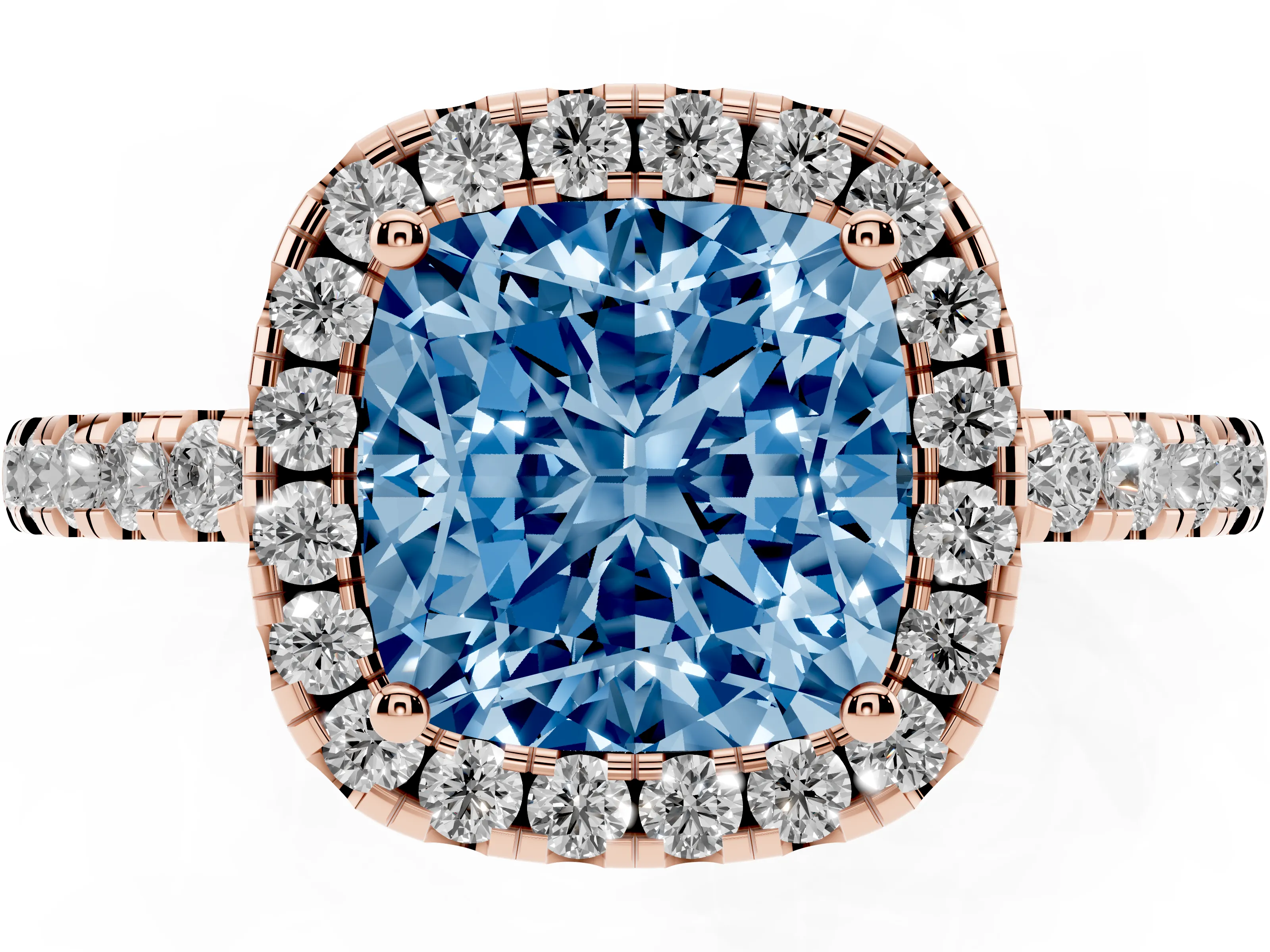 Fancy Blue Cushion Cut Diamond Pavé Band Halo Engagement Ring Set in Rose gold with Prong Setting