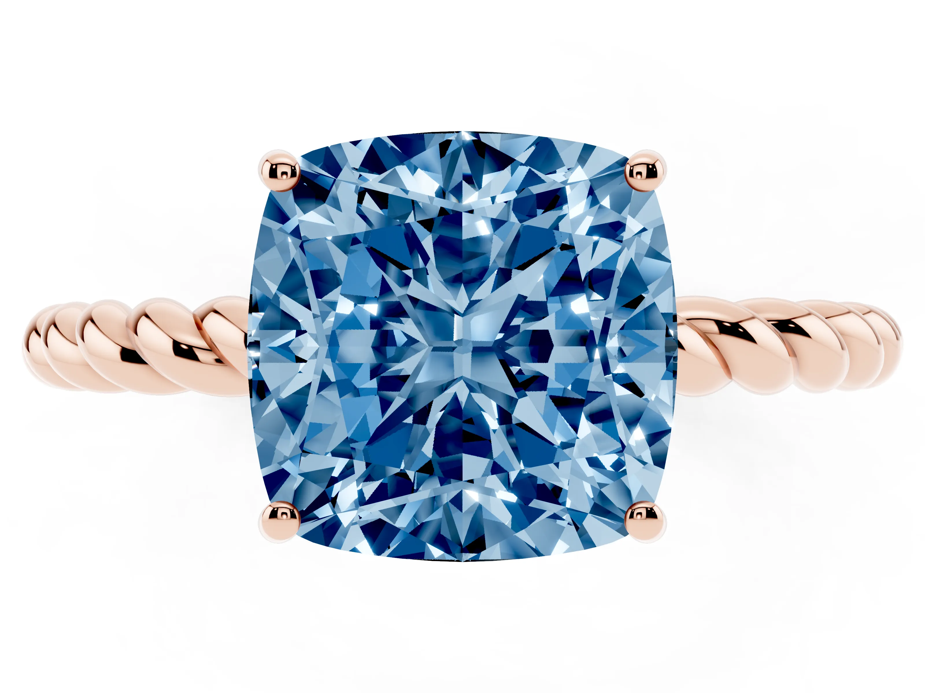 Fancy Blue Cushion Cut Diamond Solitaire Ring Set in Rose gold with Twist Band and Prong Setting