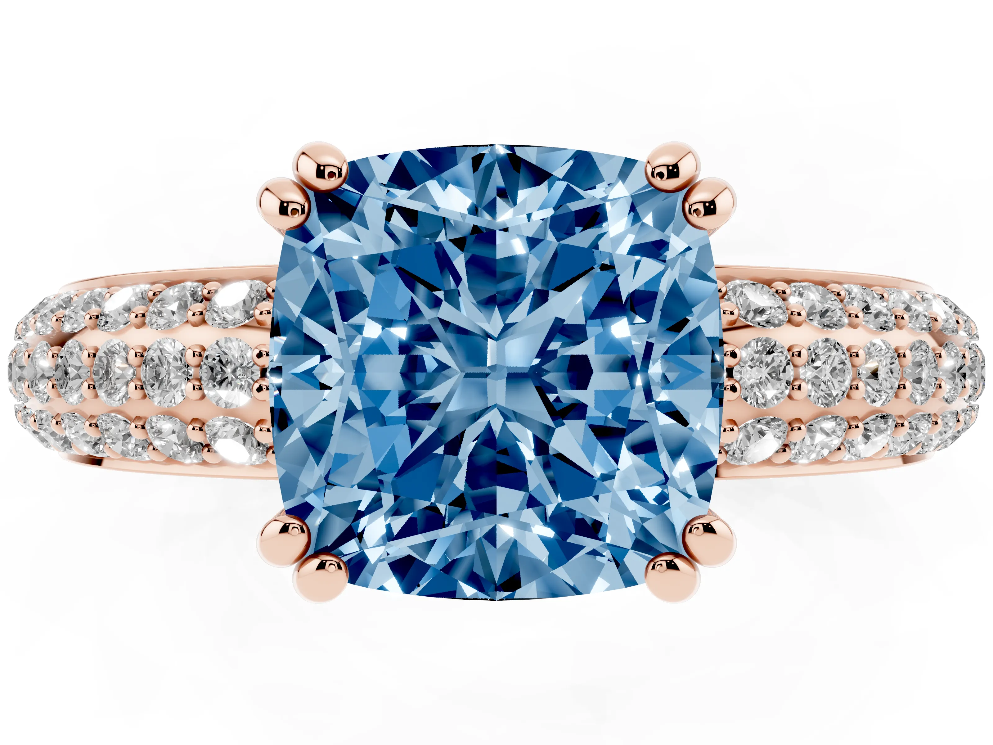 Fancy Blue Cushion Cut Diamond Solitaire Ring Set in Rose gold with Multi-Row Round Pavé Band and Prong Setting