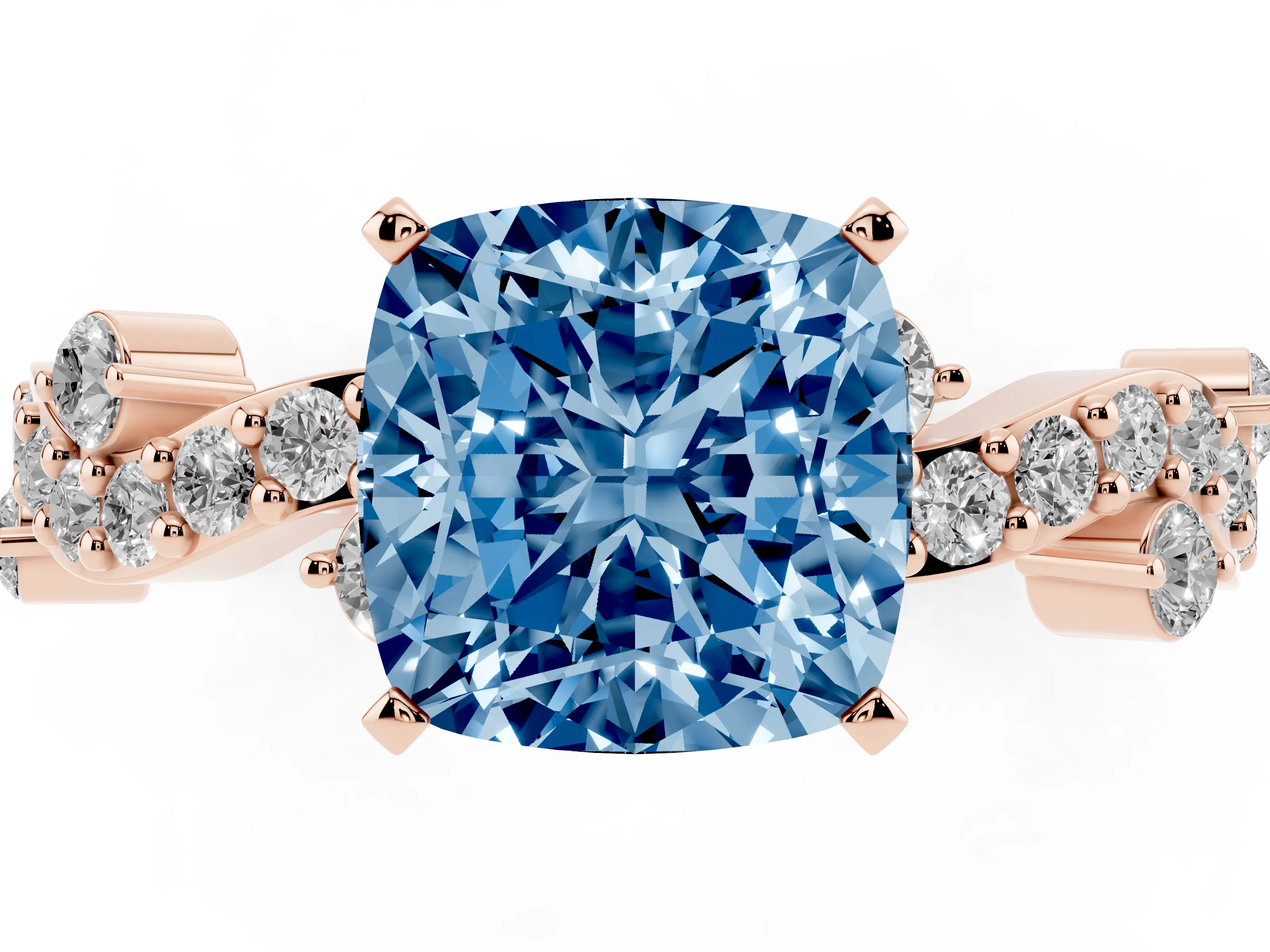 Fancy Blue Cushion Cut Diamond Solitaire Twisted Band Set in Rose gold with Pavé Setting