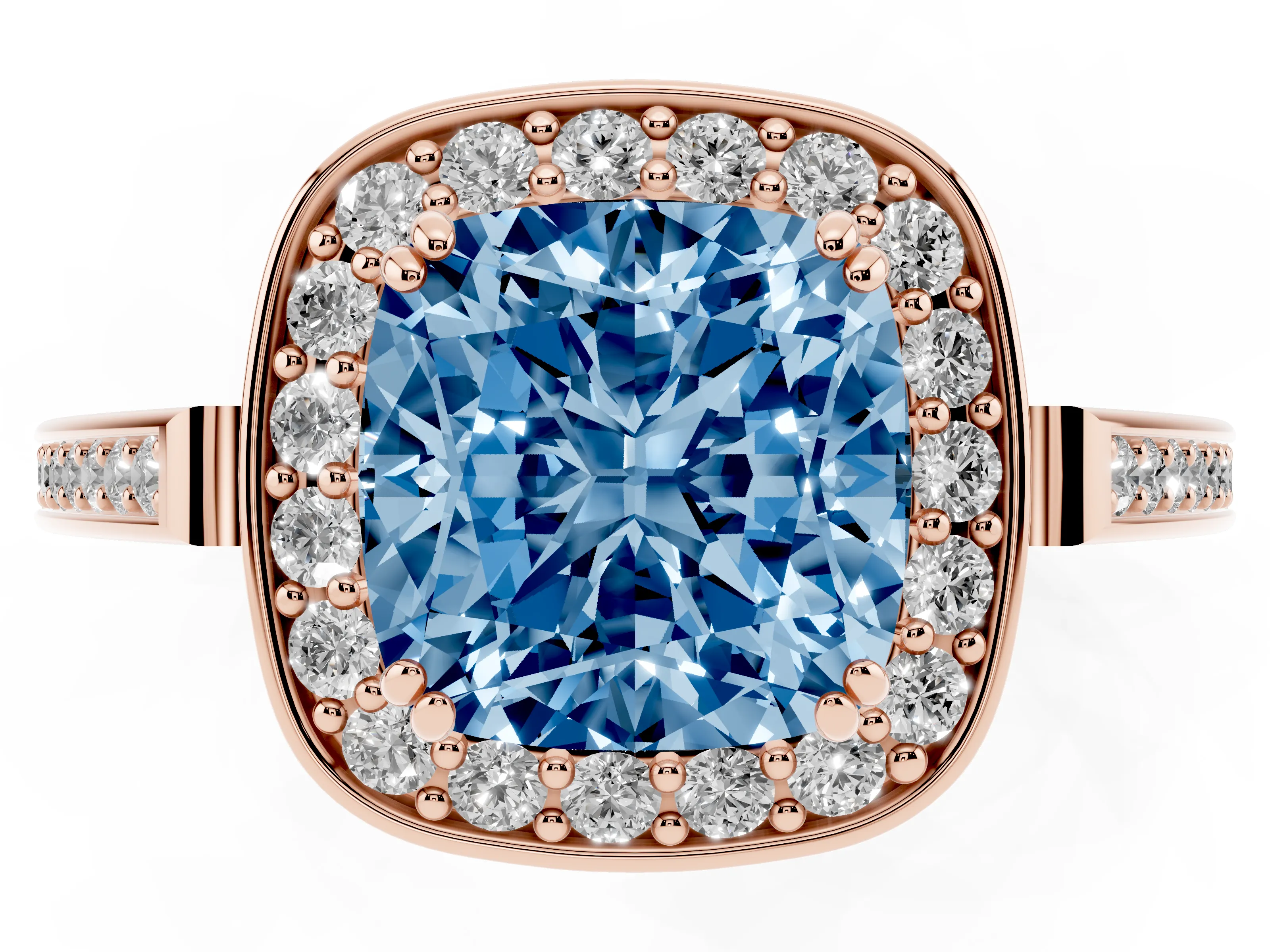 Fancy Blue Cushion Cut Diamond Halo Ring Set in Rose gold with Accent-Lined Split Shank and Prong Setting