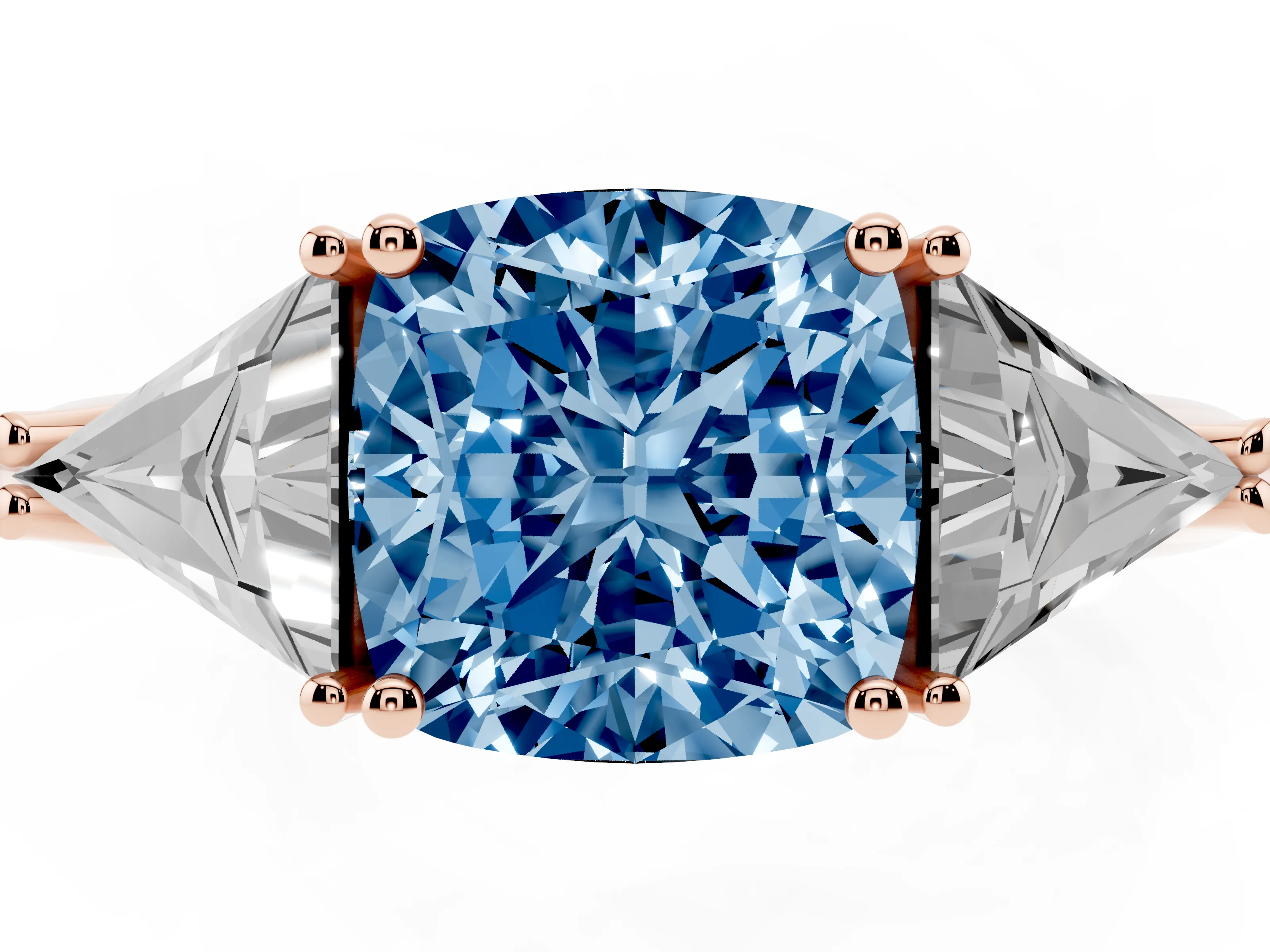 Fancy Blue Cushion Cut Diamond Three-Stone Engagement Ring Set in Rose gold with Trillion Side Stones