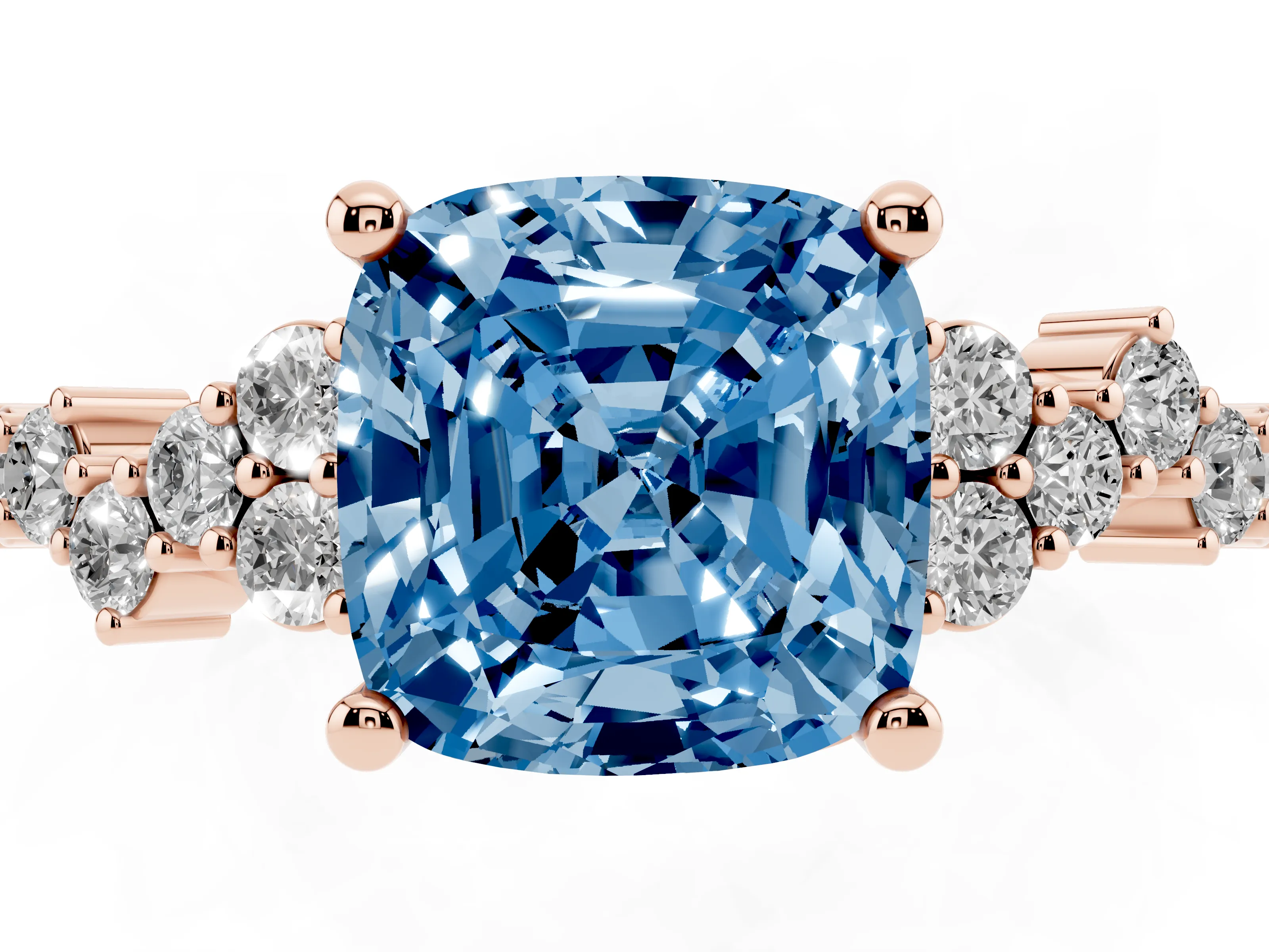 Fancy Blue Cushion Cut Diamond Ring Set in Rose gold with Scattered Round Accents
