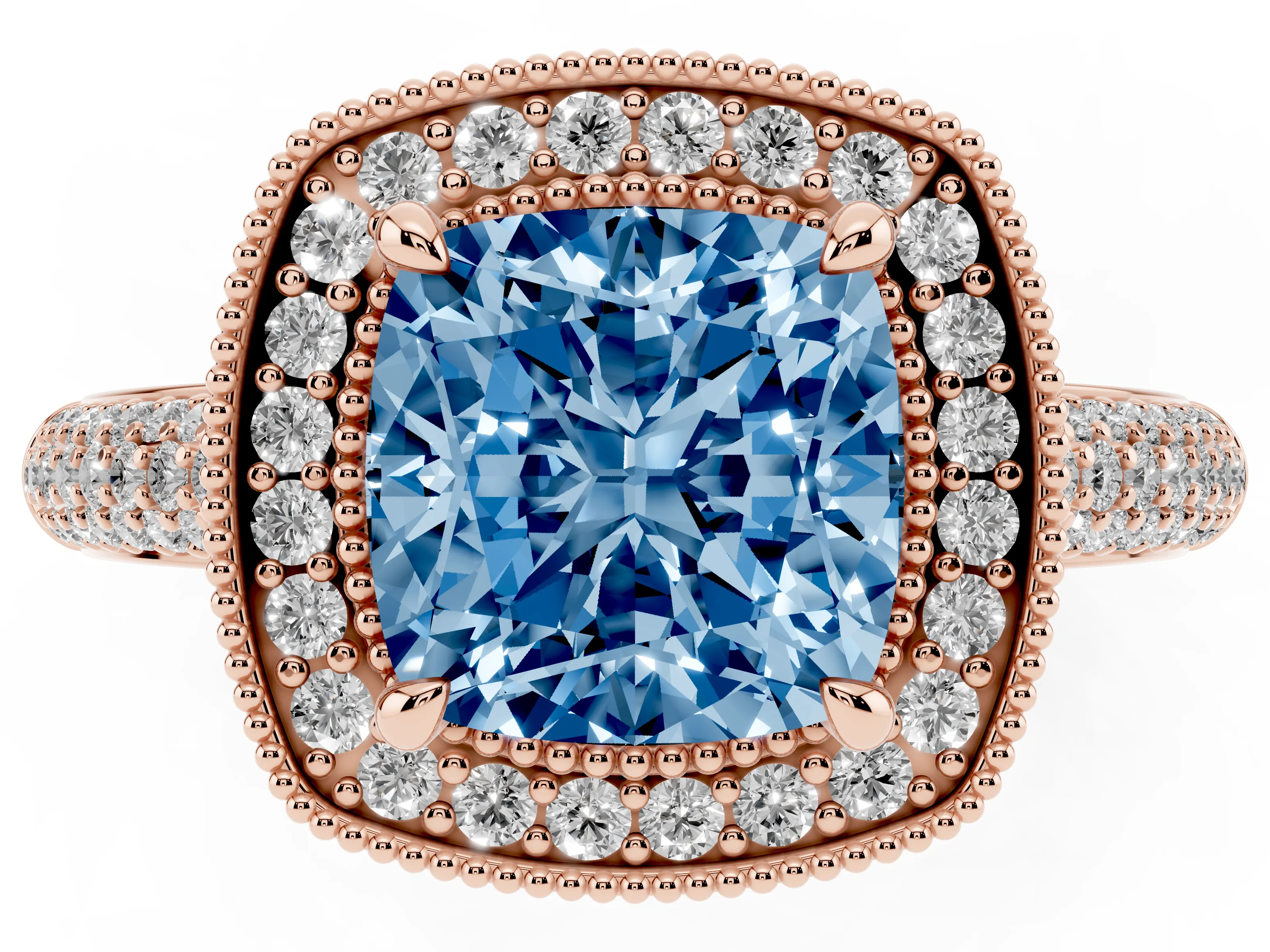 Fancy Blue Cushion Cut Diamond Halo Pavé Band Set in Rose gold with Prong Setting