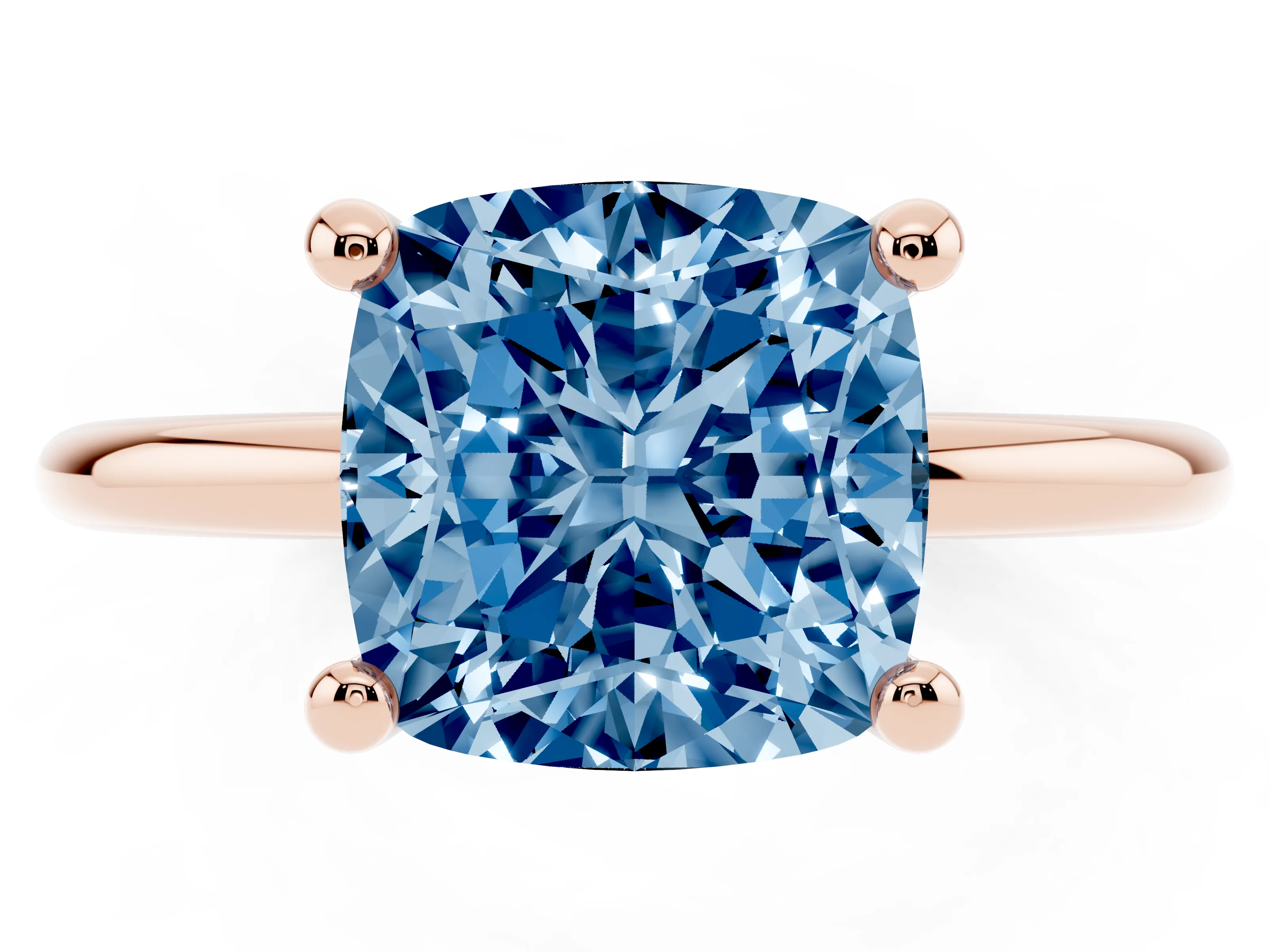 Fancy Blue Cushion Cut Diamond Solitaire Ring Set in Rose gold with Secure Prong Setting on a Classic Band