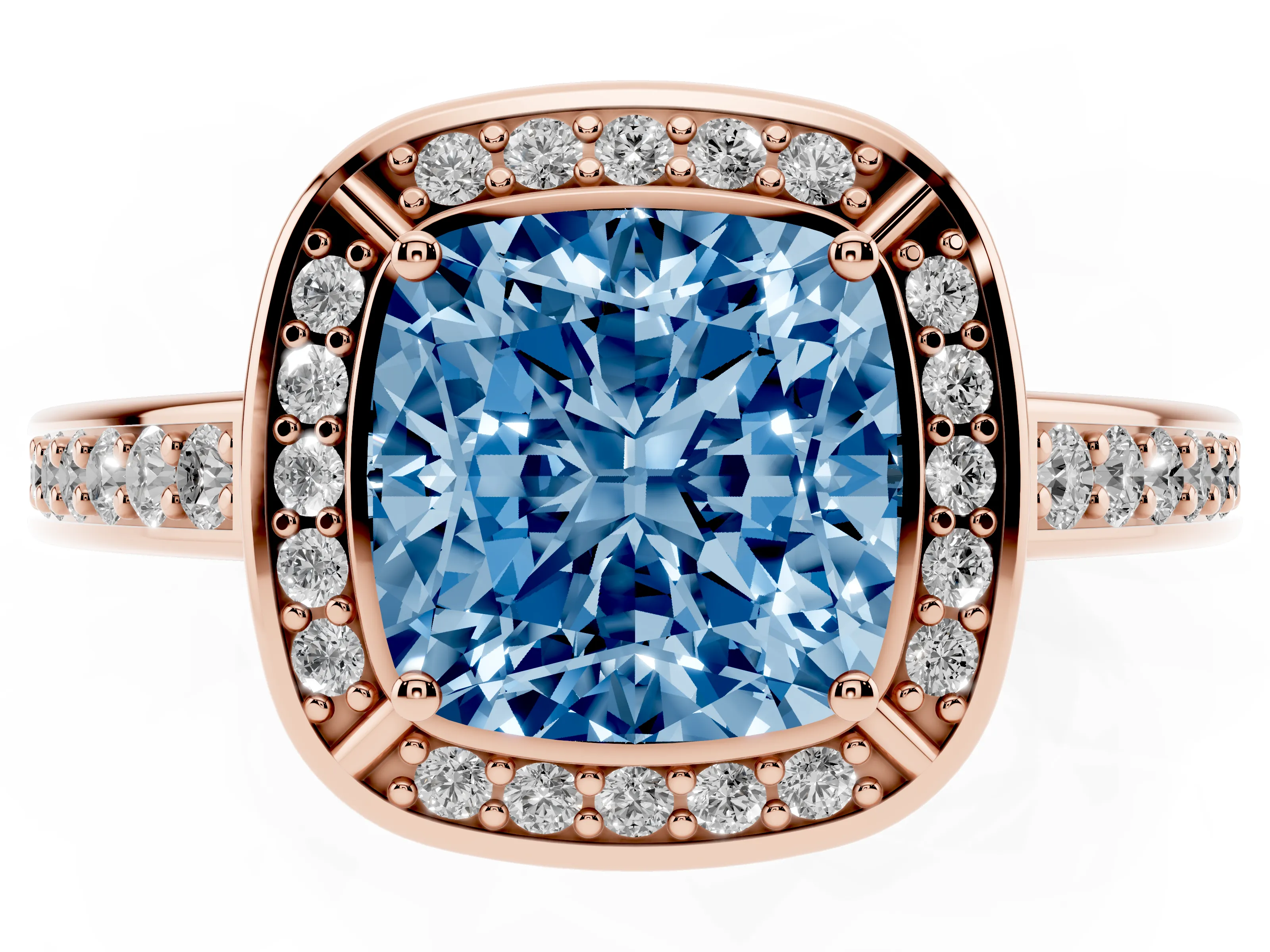Fancy Blue Cushion Cut Diamond Halo Pavé Split Shank Ring Set in Rose gold with Prong Setting