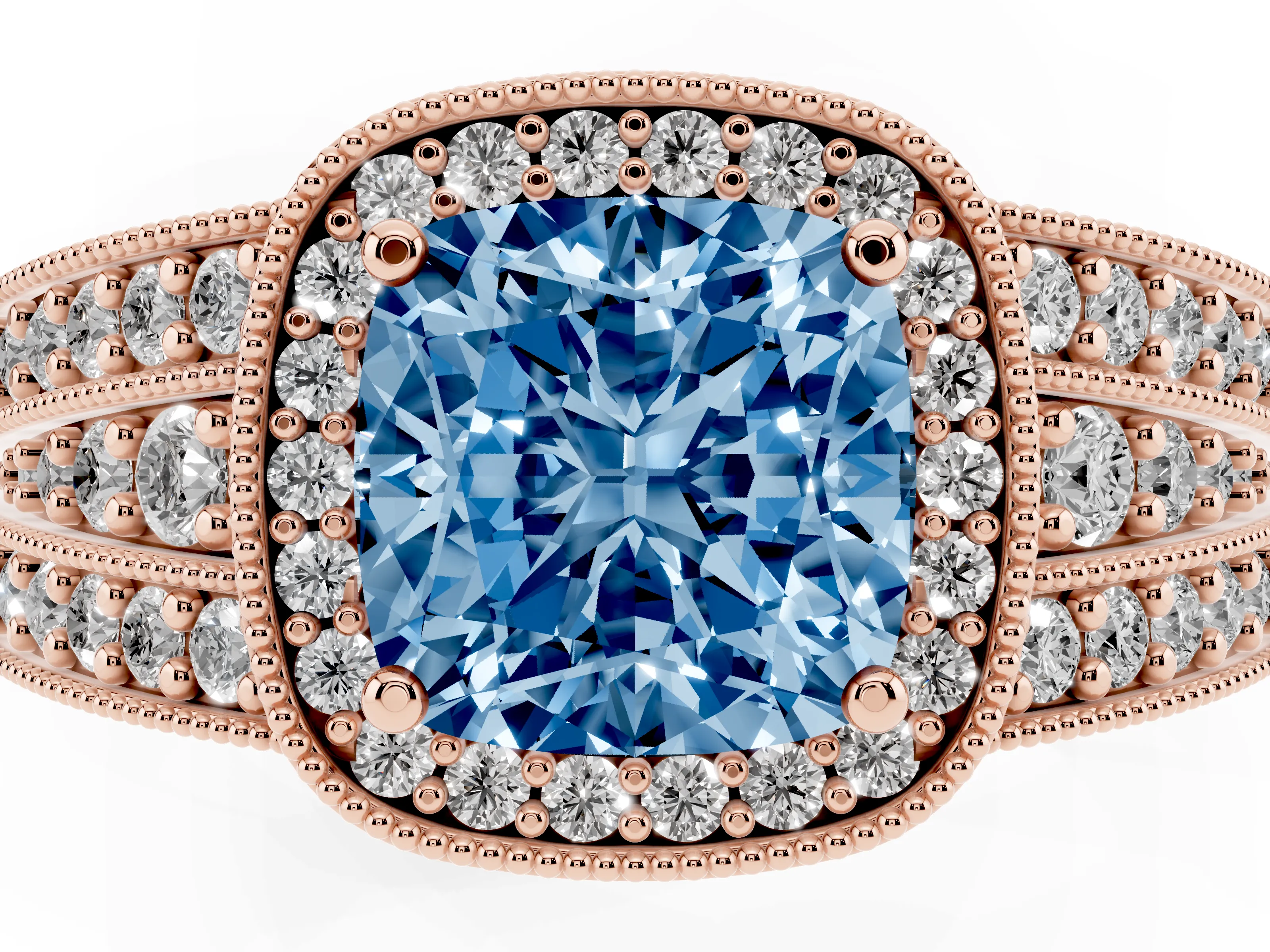 Fancy Blue Cushion Cut Diamond Halo Ring Set in Rose gold with Accent Split Shank and Prong Setting