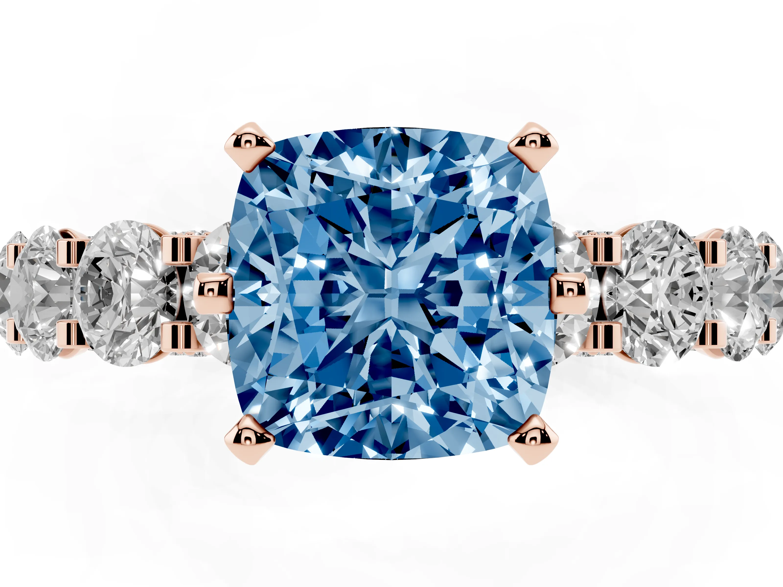 Fancy Blue Cushion Cut Diamond Side Stone Ring Set in Rose gold with Alternating Round and Oval Side Stones