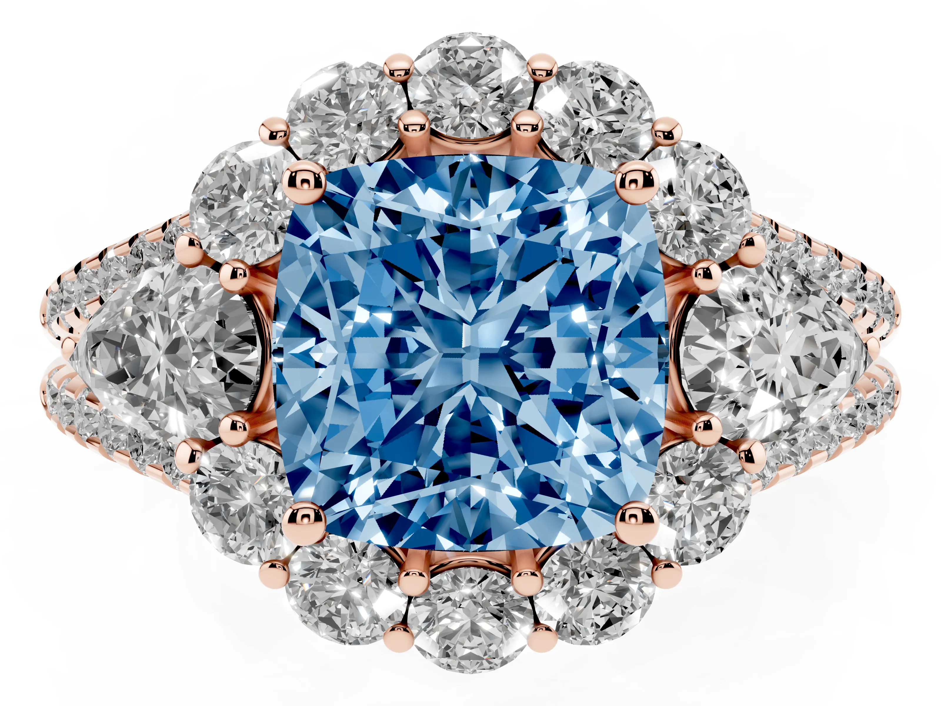 Fancy Blue Cushion Cut Diamond Halo Split Shank Engagement Ring Set in Rose gold with Prong-Held Center Stone