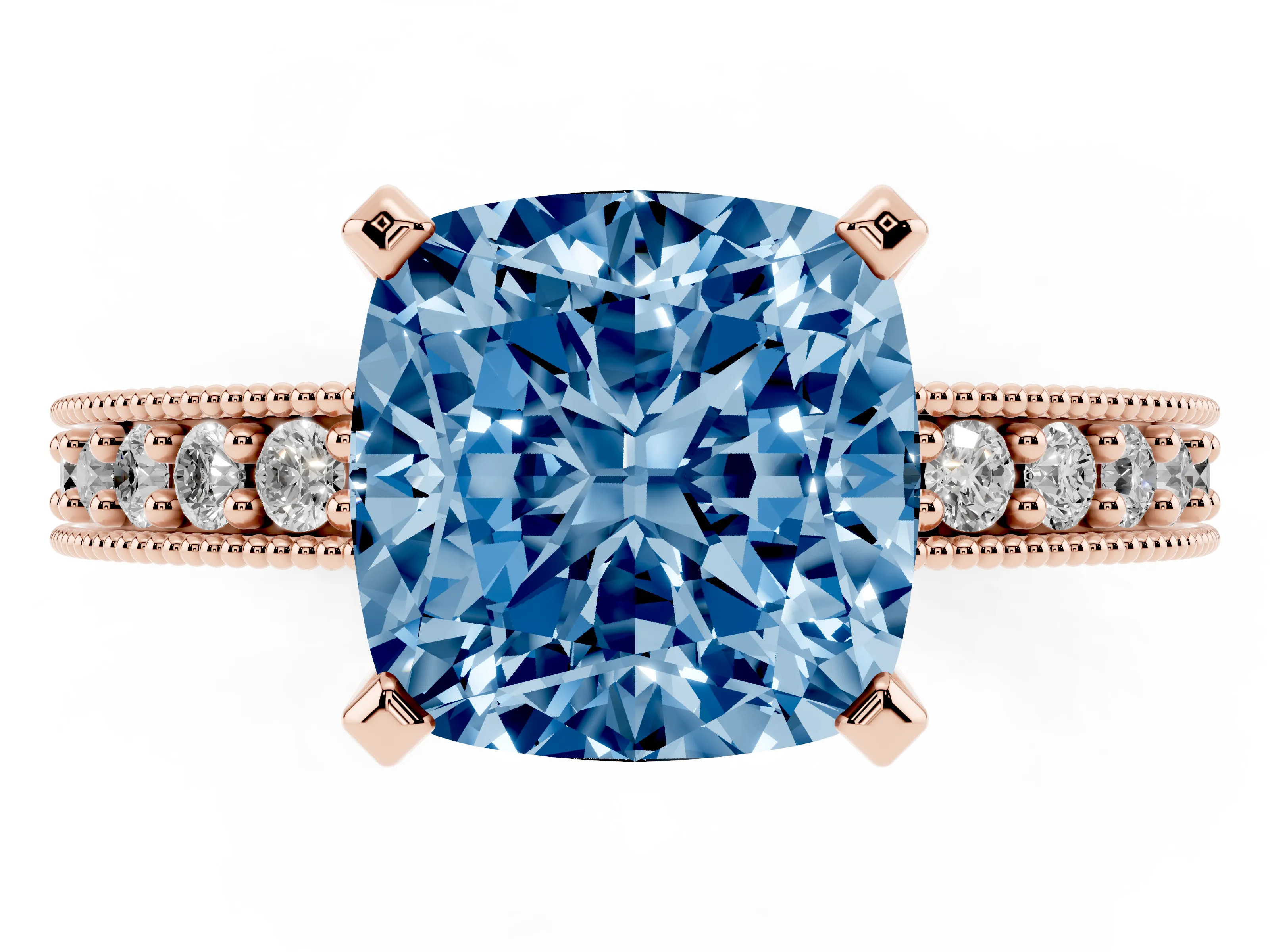 Fancy Blue Cushion Cut Diamond Milgrain Pavé Engagement Ring Set in Rose gold with Prong Setting