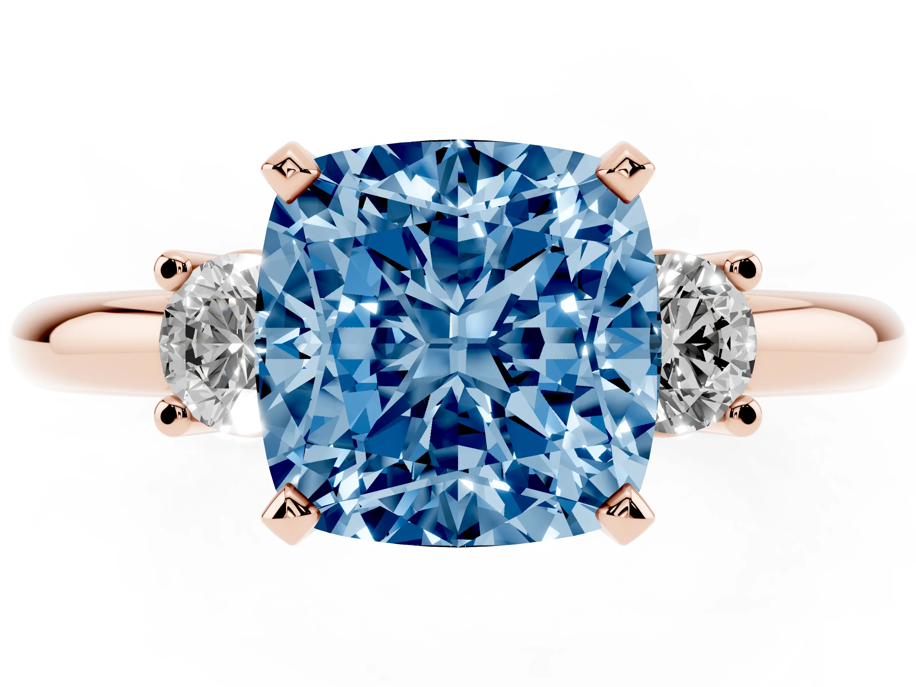 Fancy Blue Three-Stone Cushion Cut Diamond Ring Set in Rose gold with Prong Setting and Plain Band