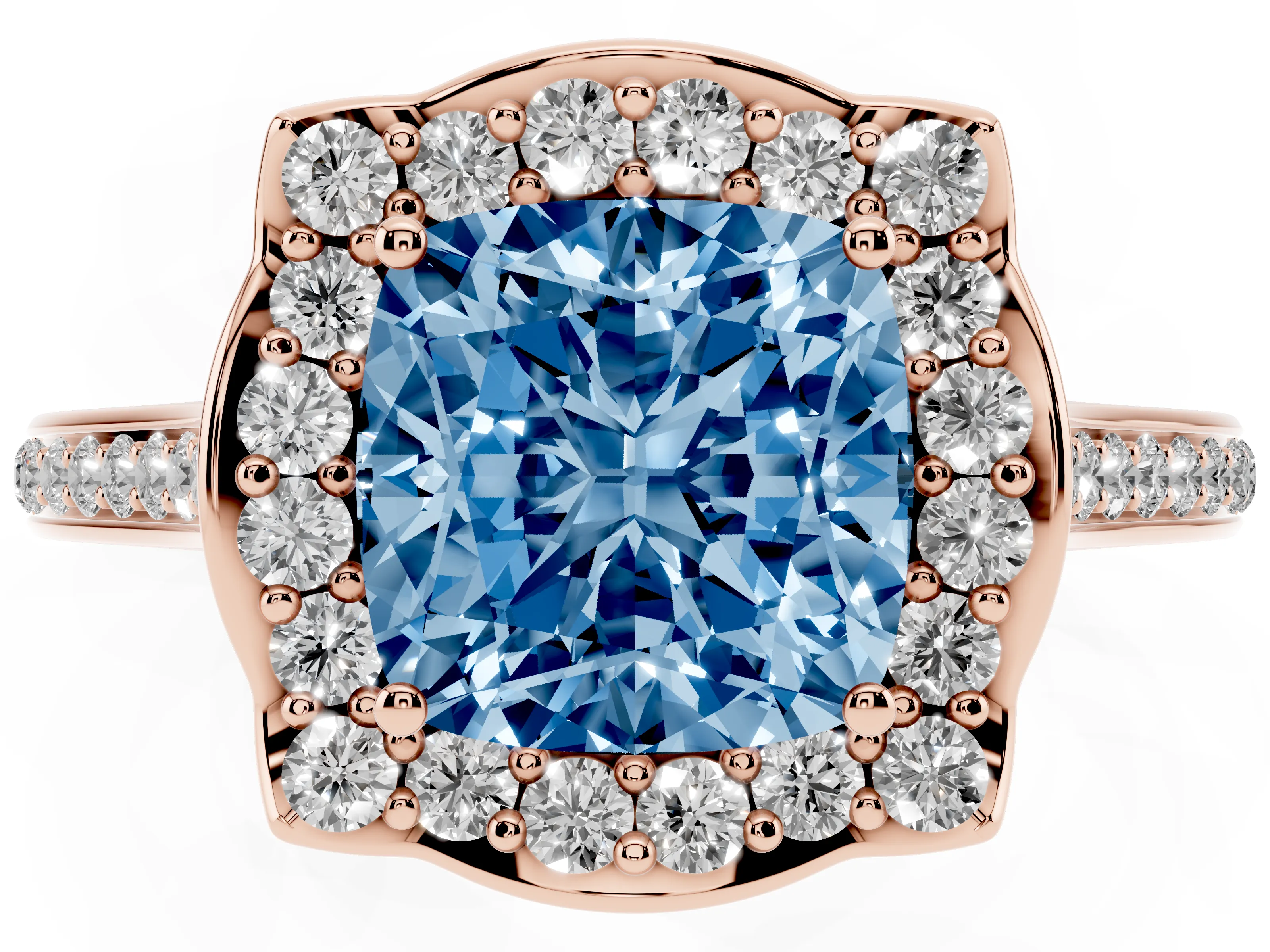 Fancy Blue Cushion Cut Diamond Halo Ring Set in Rose gold with Pavé-Lined Shoulders and Prong Setting