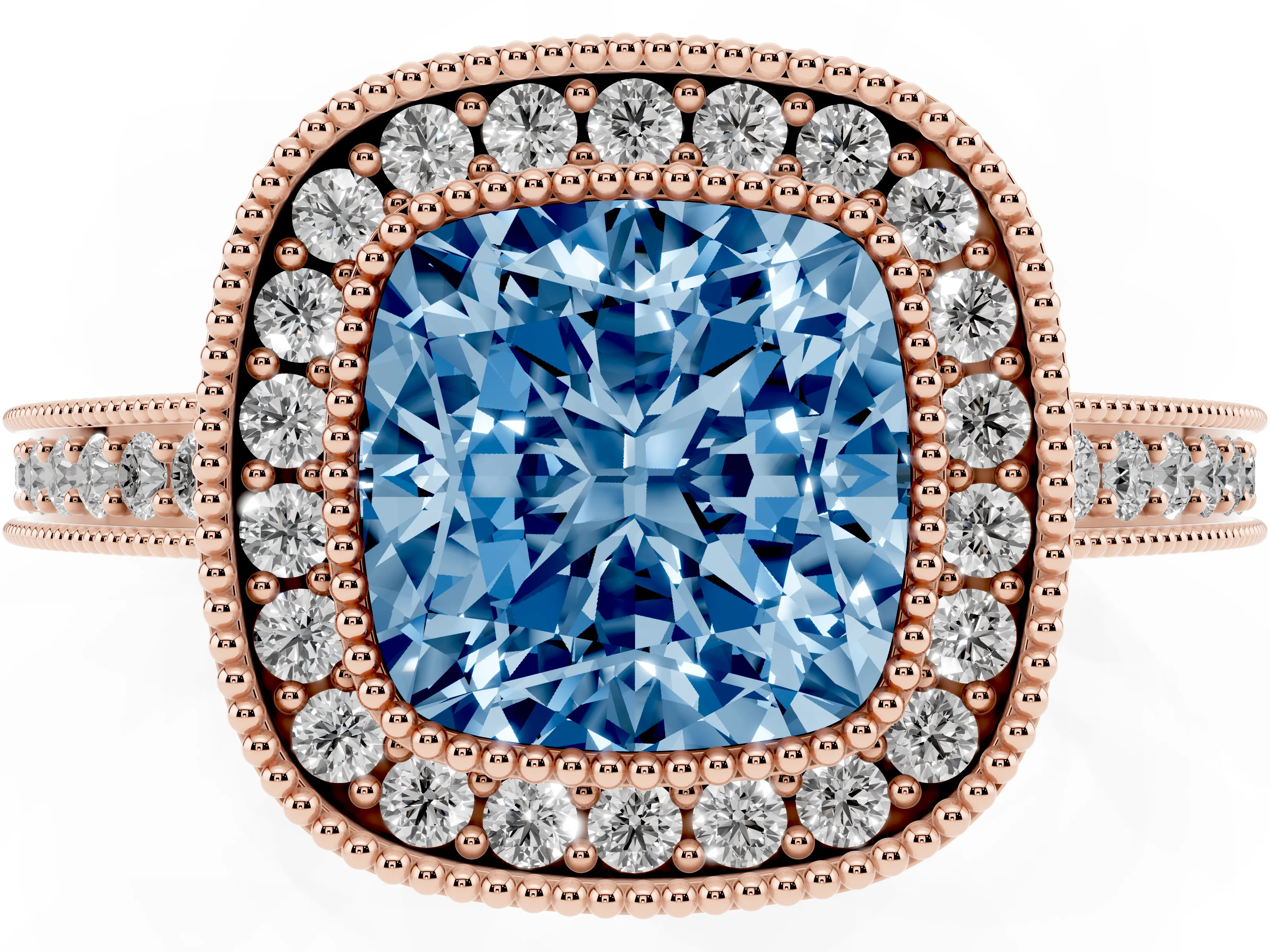 Fancy Blue Cushion Cut Diamond Round Halo Ring Set in Rose gold with Pavé Band