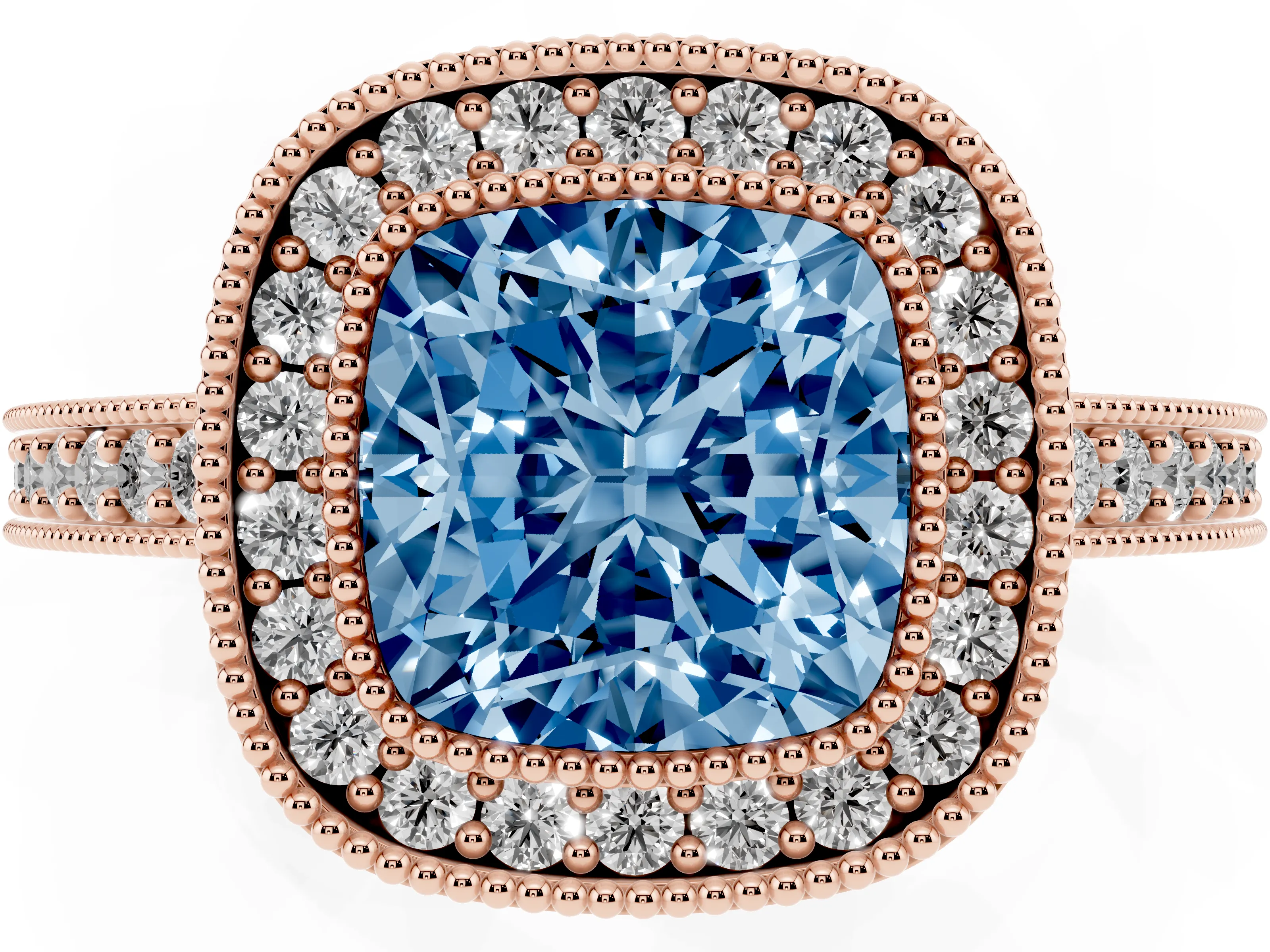 Fancy Blue Cushion Cut Diamond Halo Engagement Ring Set in Rose gold with Pavé Band and Round Halo Stones