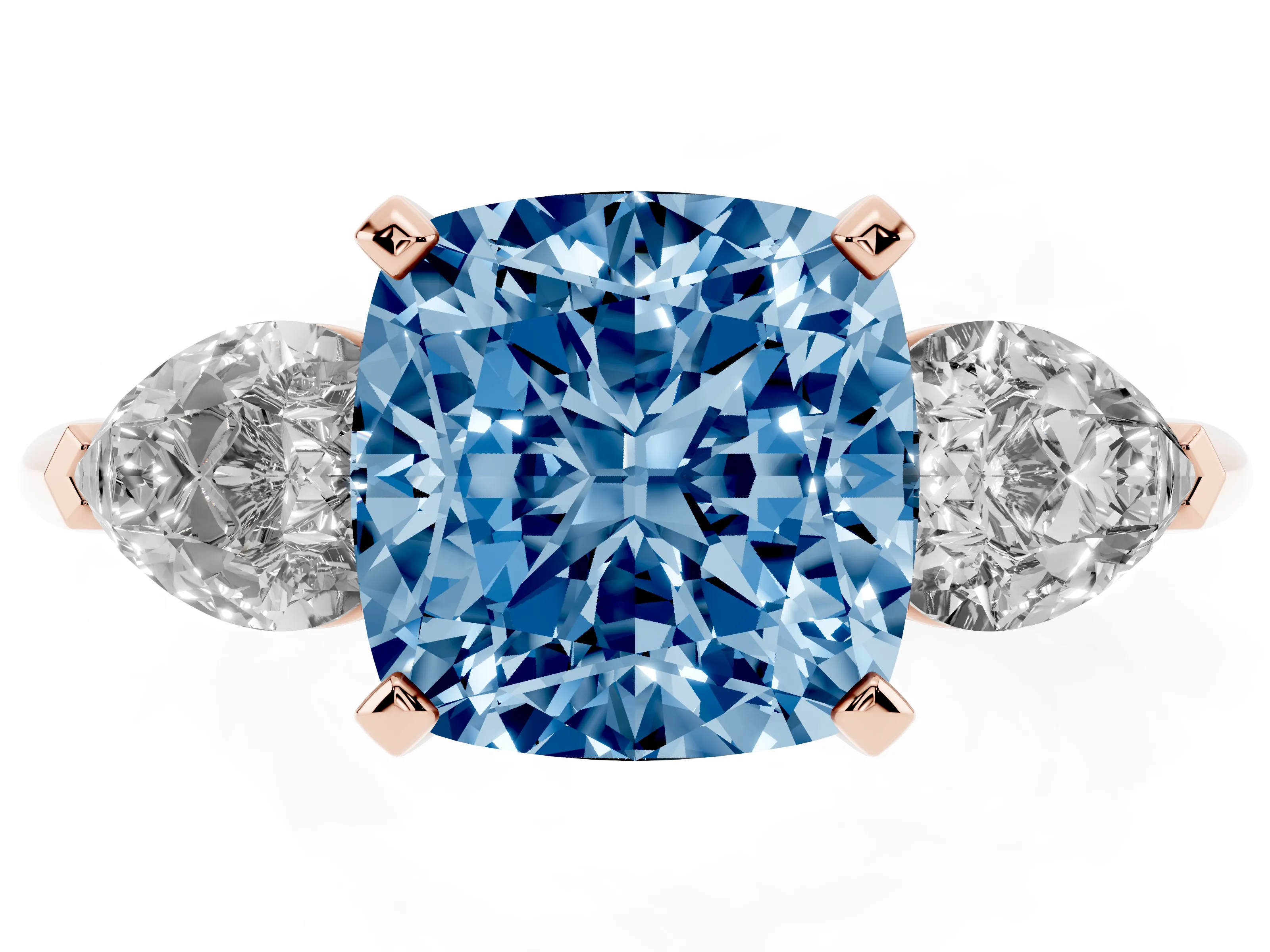 Fancy Blue Three-Stone Cushion Cut Diamond Ring Set in Rose gold with Pear Side Stones and Prong Setting