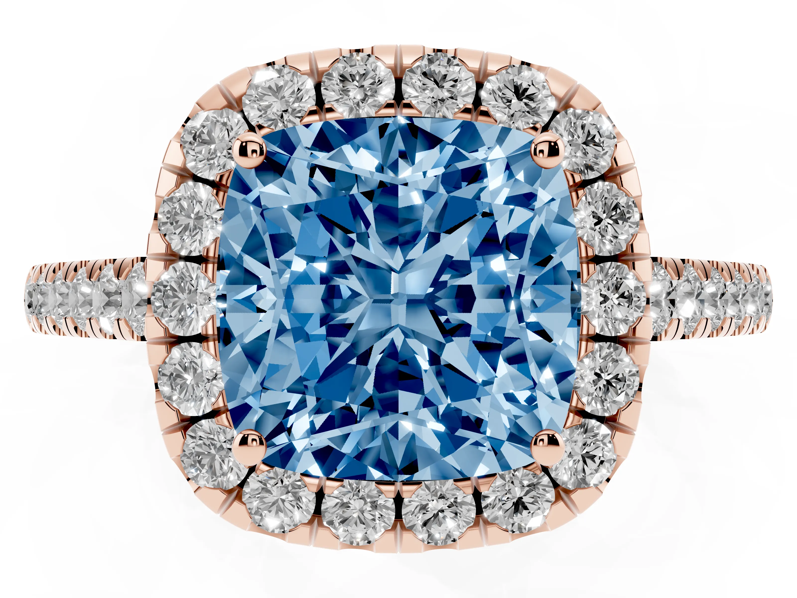Fancy Blue Cushion Cut Diamond Halo Pavé Engagement Ring Set in Rose gold with Prong Setting