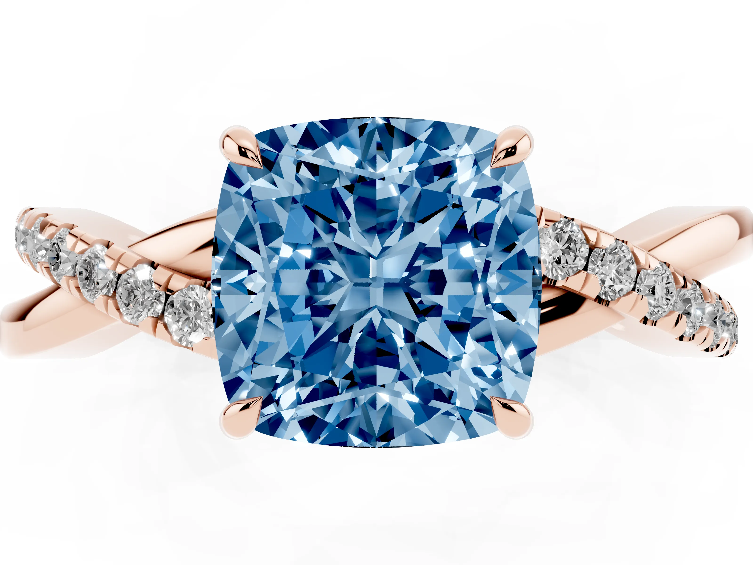 Fancy Blue Cushion Cut Diamond Twisted Pavé Band Ring Set in Rose gold with Prong Setting