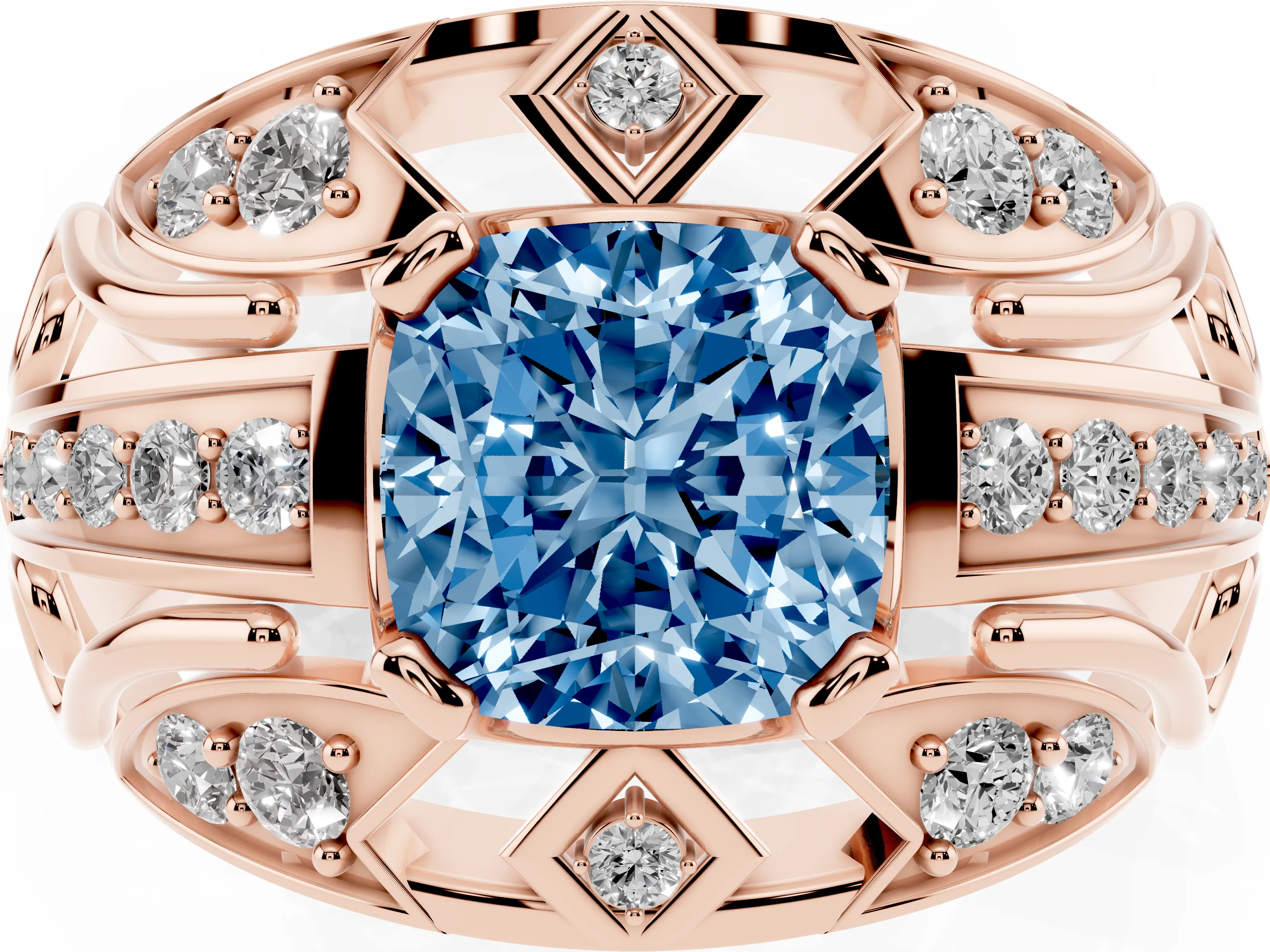 Fancy Blue Cushion Cut Diamond Art Deco Ring Set in Rose gold with Pavé Split Shank