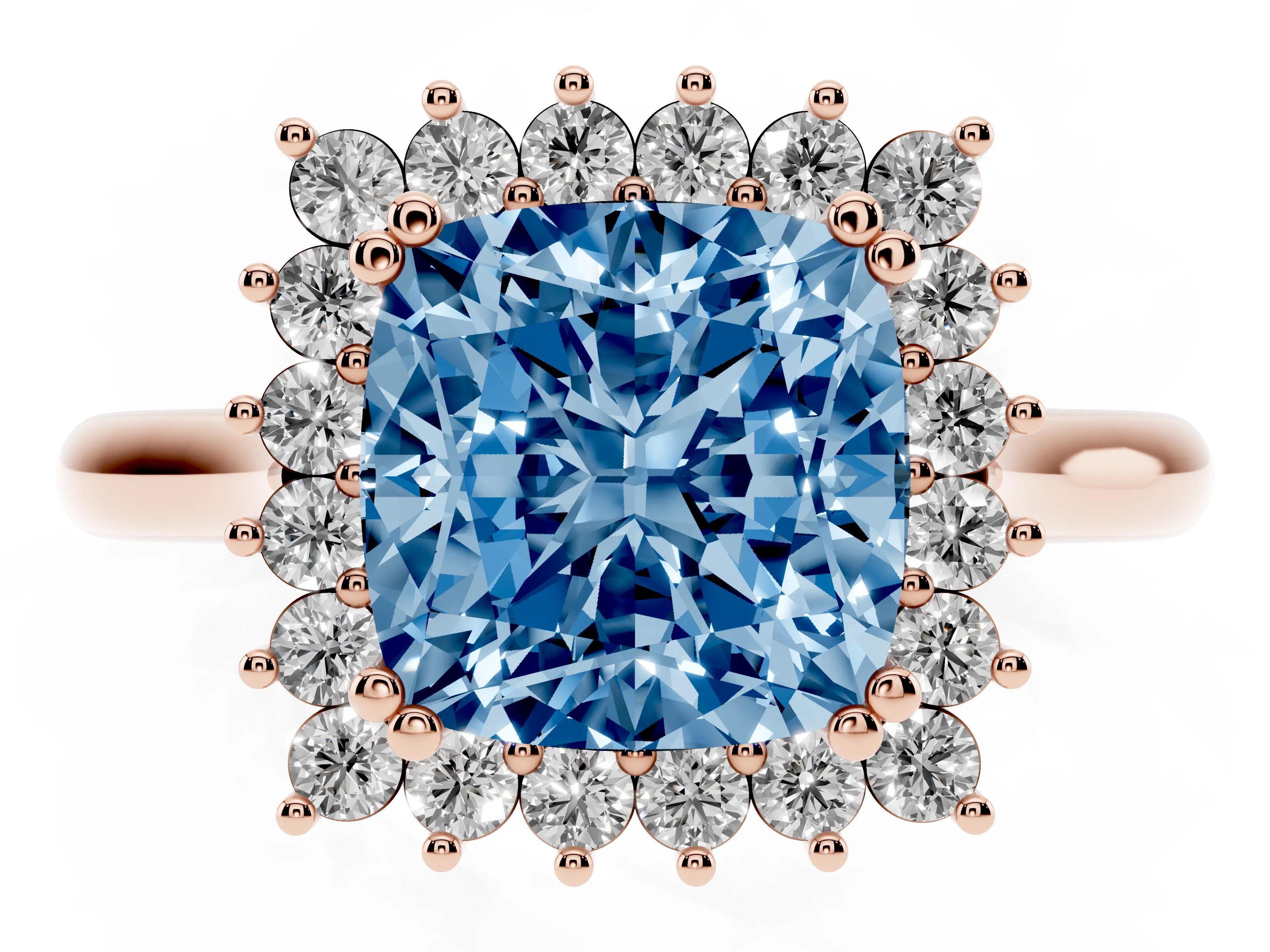 Fancy Blue Cushion Cut Diamond Halo Ring Set in Rose gold with Plain Solitaire Band and Prong Setting