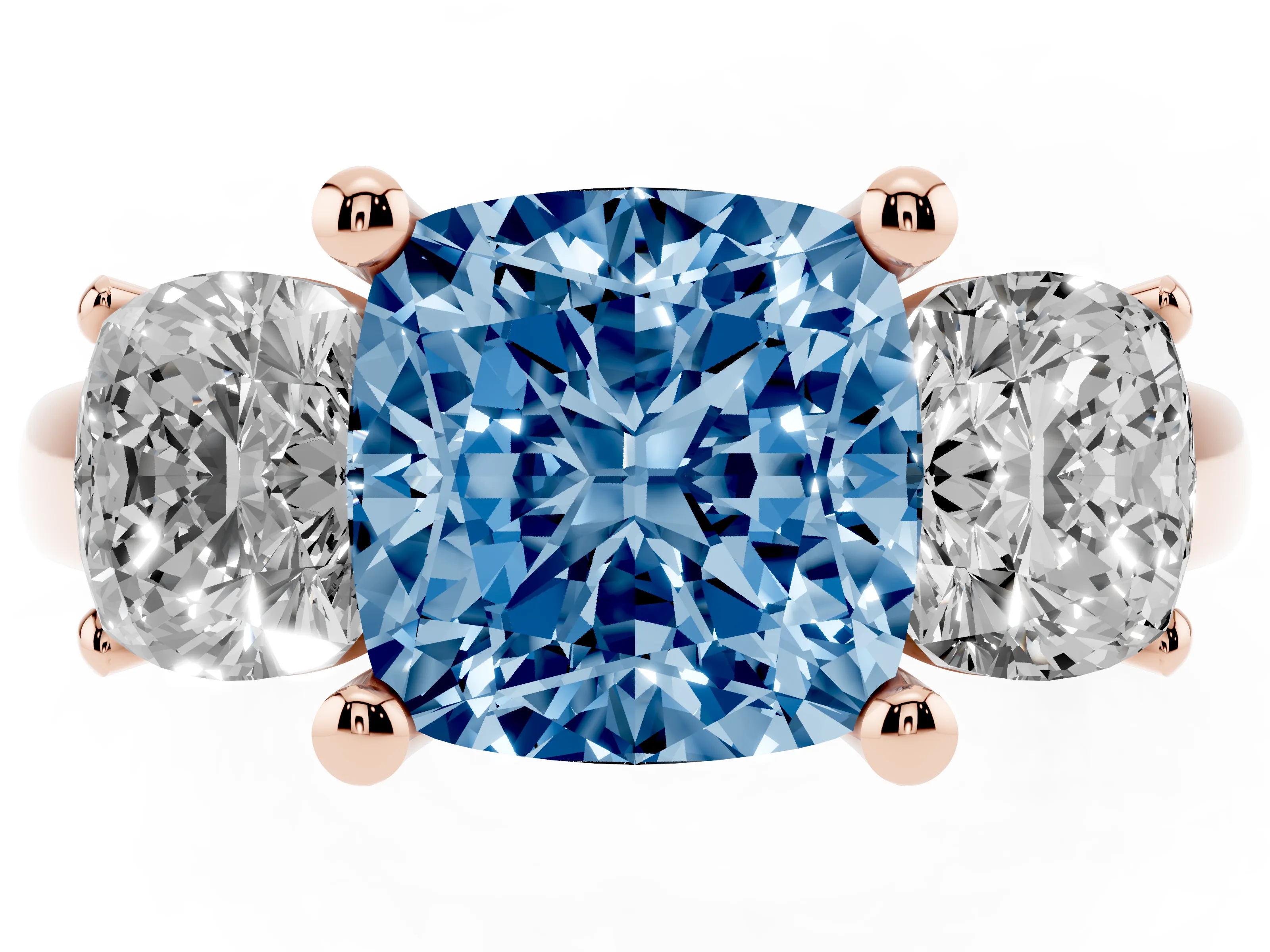 Fancy Blue Cushion Cut Diamond Three-Stone Ring Set in Rose gold with Classic Prong Setting and Plain Band