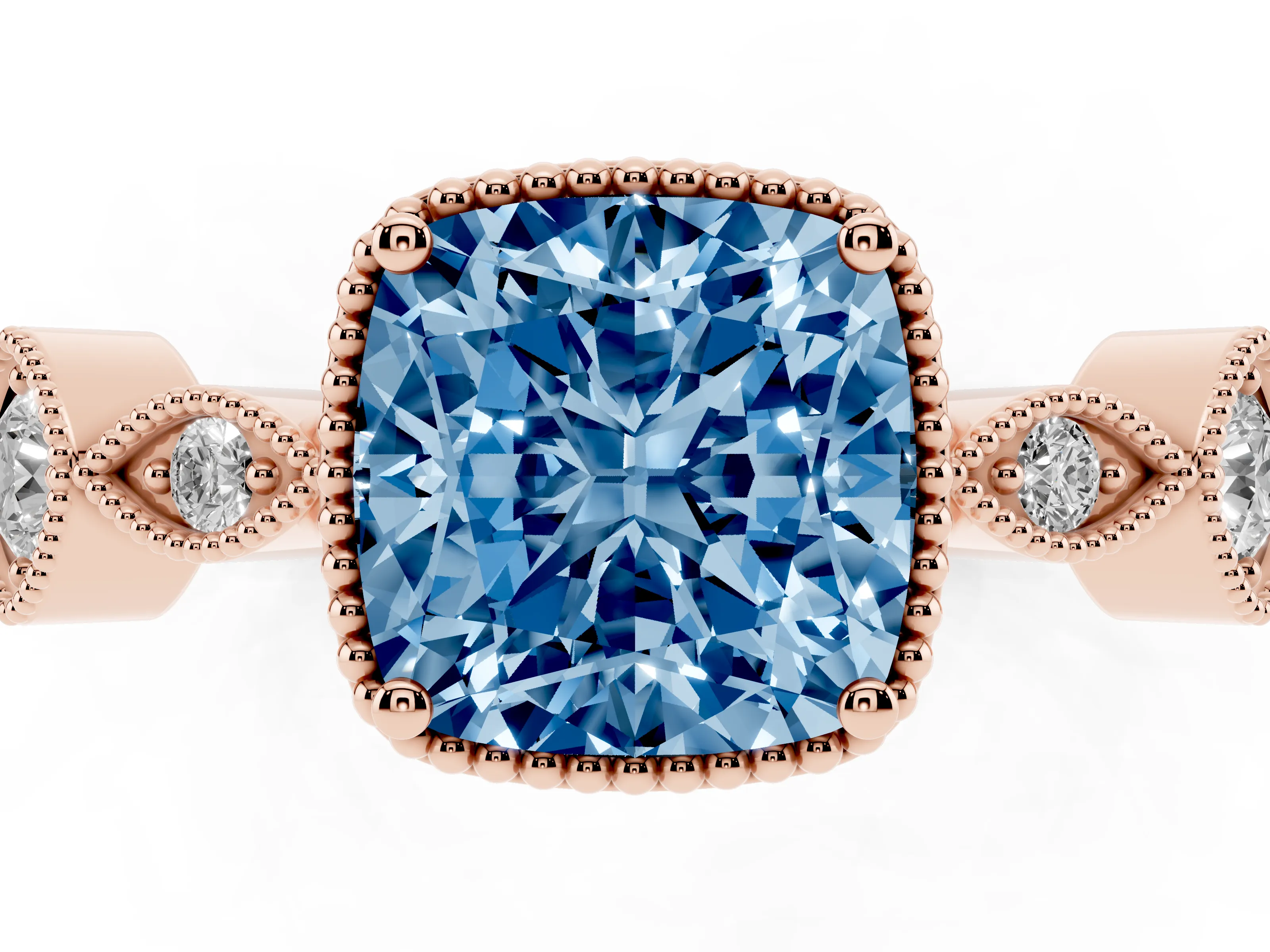 Fancy Blue Cushion Cut Diamond Vintage-Inspired Milgrain Ring Set in Rose gold with Marquise Stations of Round Accents