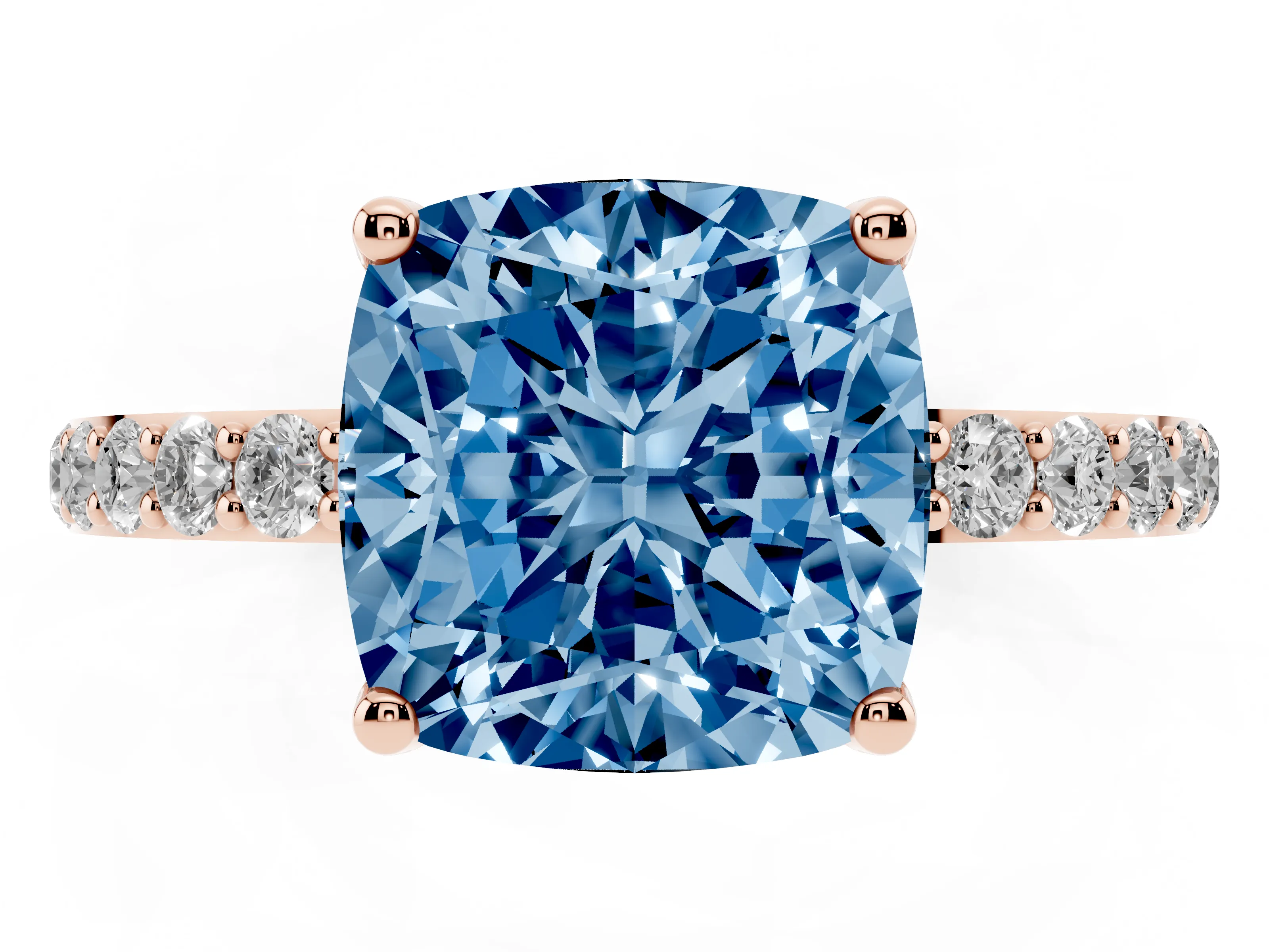 Fancy Blue Cushion Cut Diamond Solitaire Engagement Ring Set in Rose gold with Round Pavé Band and Prong Setting