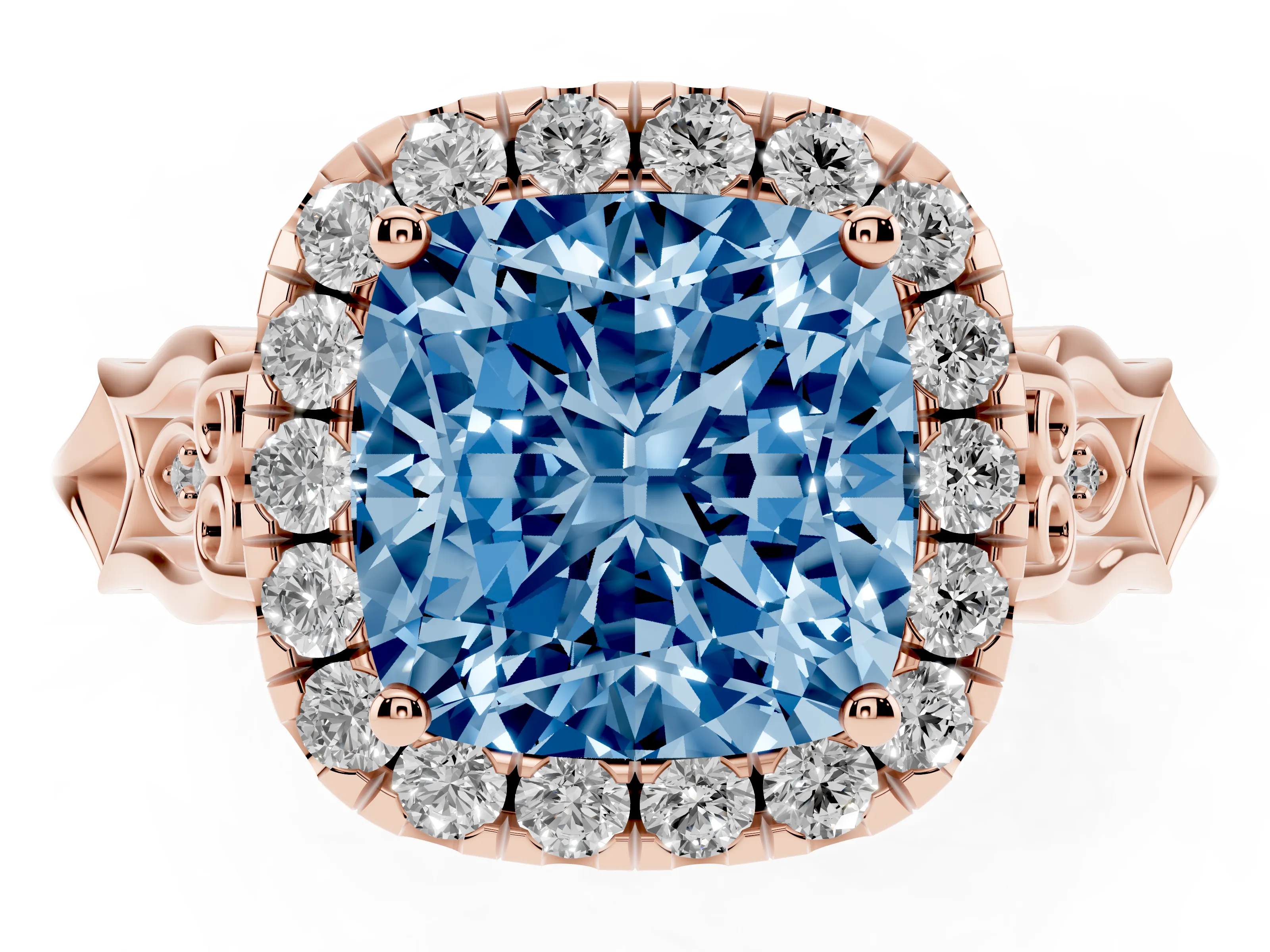 Fancy Blue Cushion Cut Diamond Halo Engagement Ring Set in Rose gold with Filigree Band and Prong-Set Center