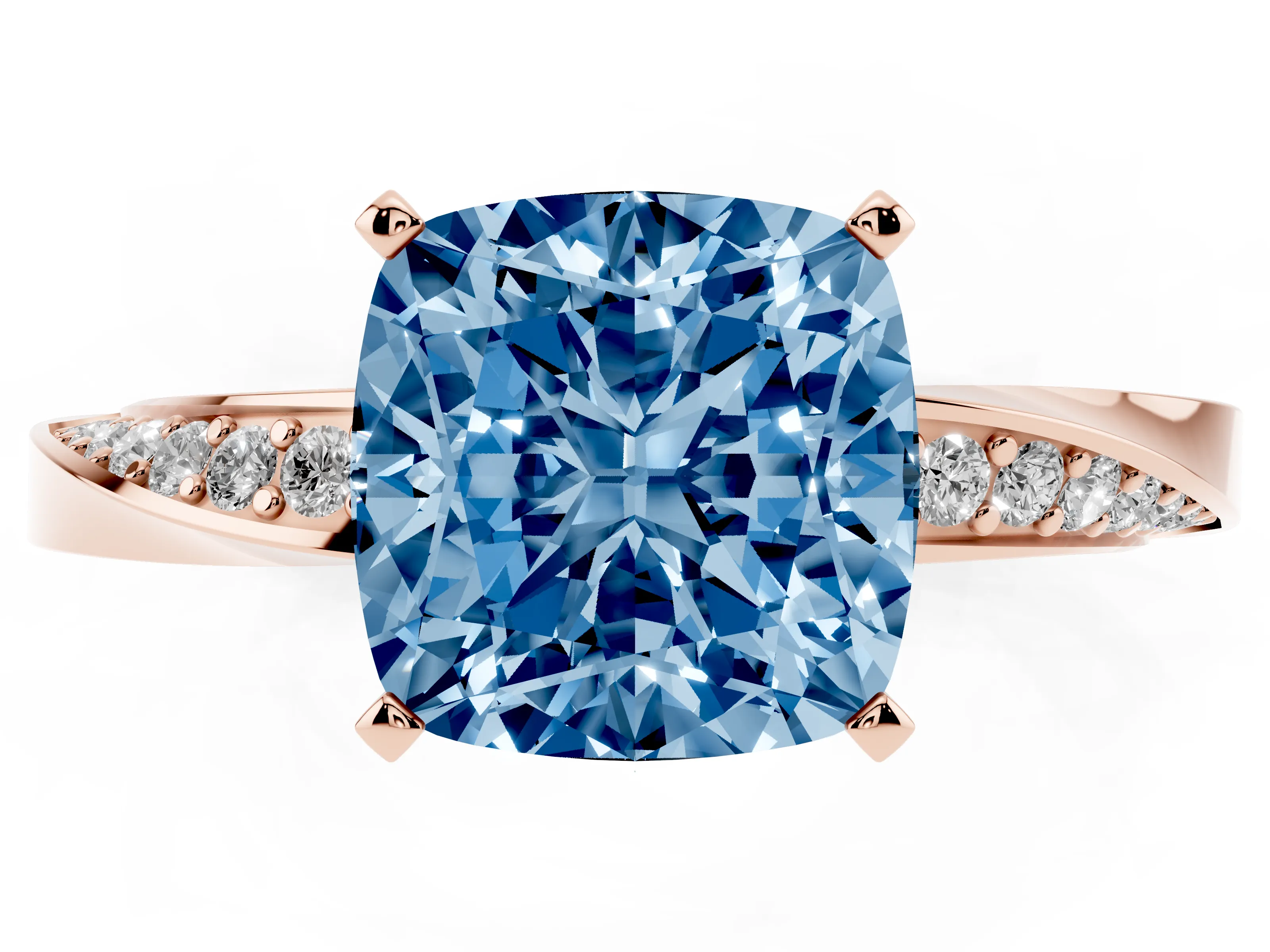 Fancy Blue Cushion Cut Diamond Engagement Ring Set in Rose gold with Side Stone Accents and Prong Setting