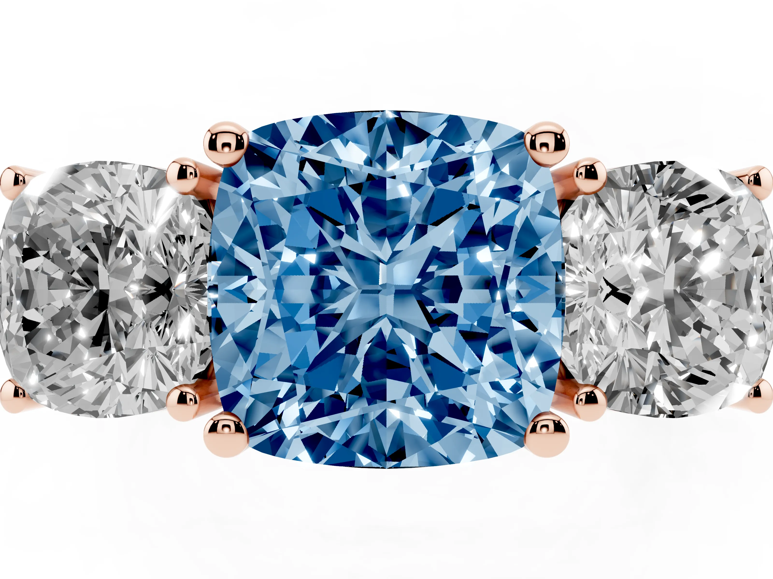 Fancy Blue Cushion Cut Diamond Three-Stone Engagement Ring Set in Rose gold with Flat Band
