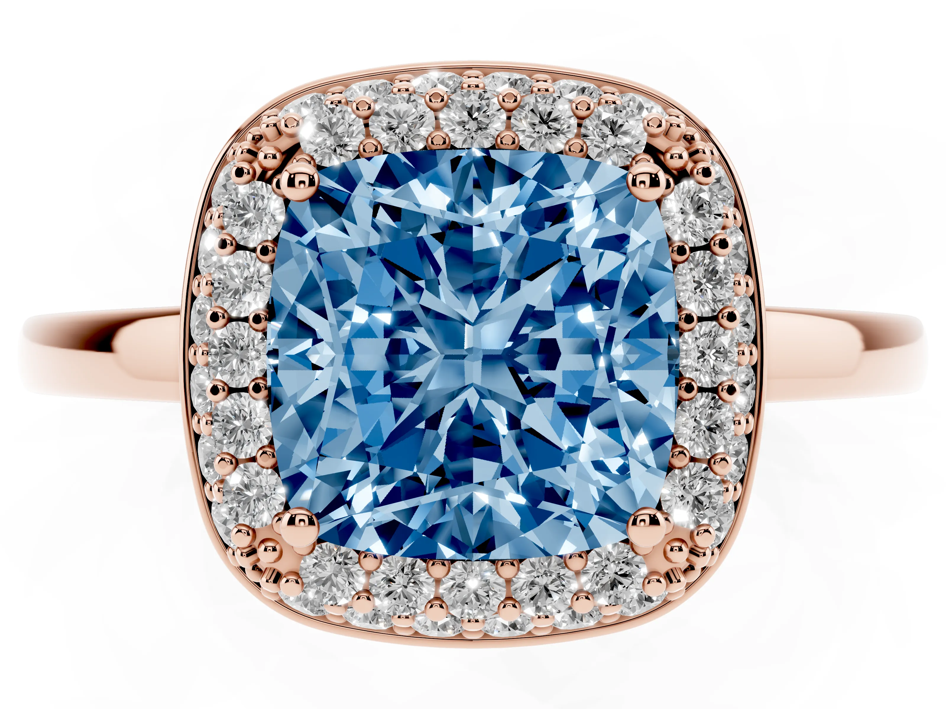 Fancy Blue Cushion Cut Diamond Halo Engagement Ring Set in Rose gold with Solitaire Band and Prong Setting