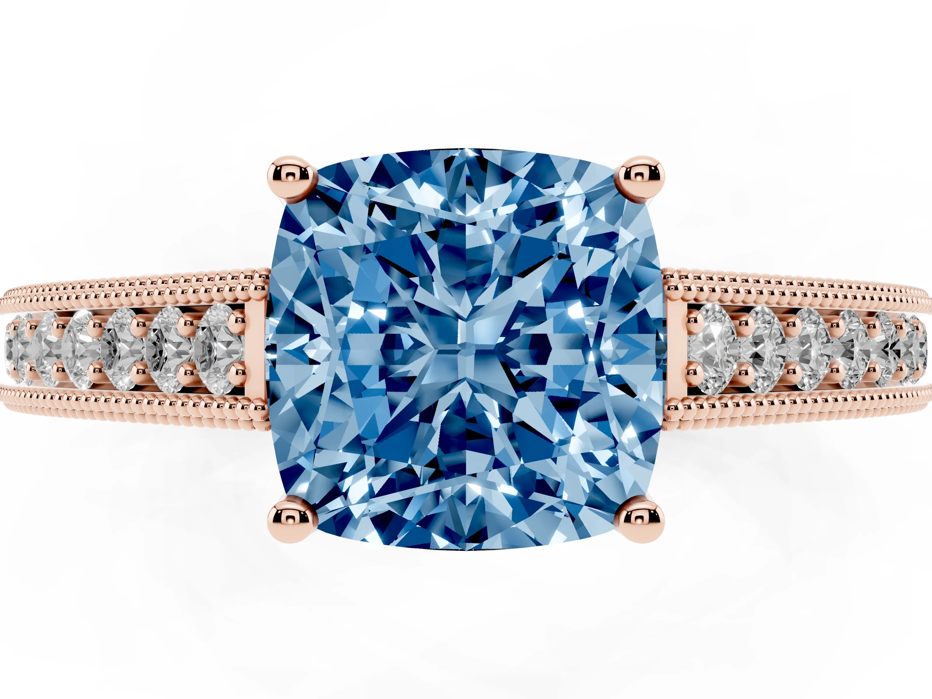 Fancy Blue Cushion Cut Diamond Milgrain Pavé Band Solitaire Ring Set in Rose gold with Prong Setting