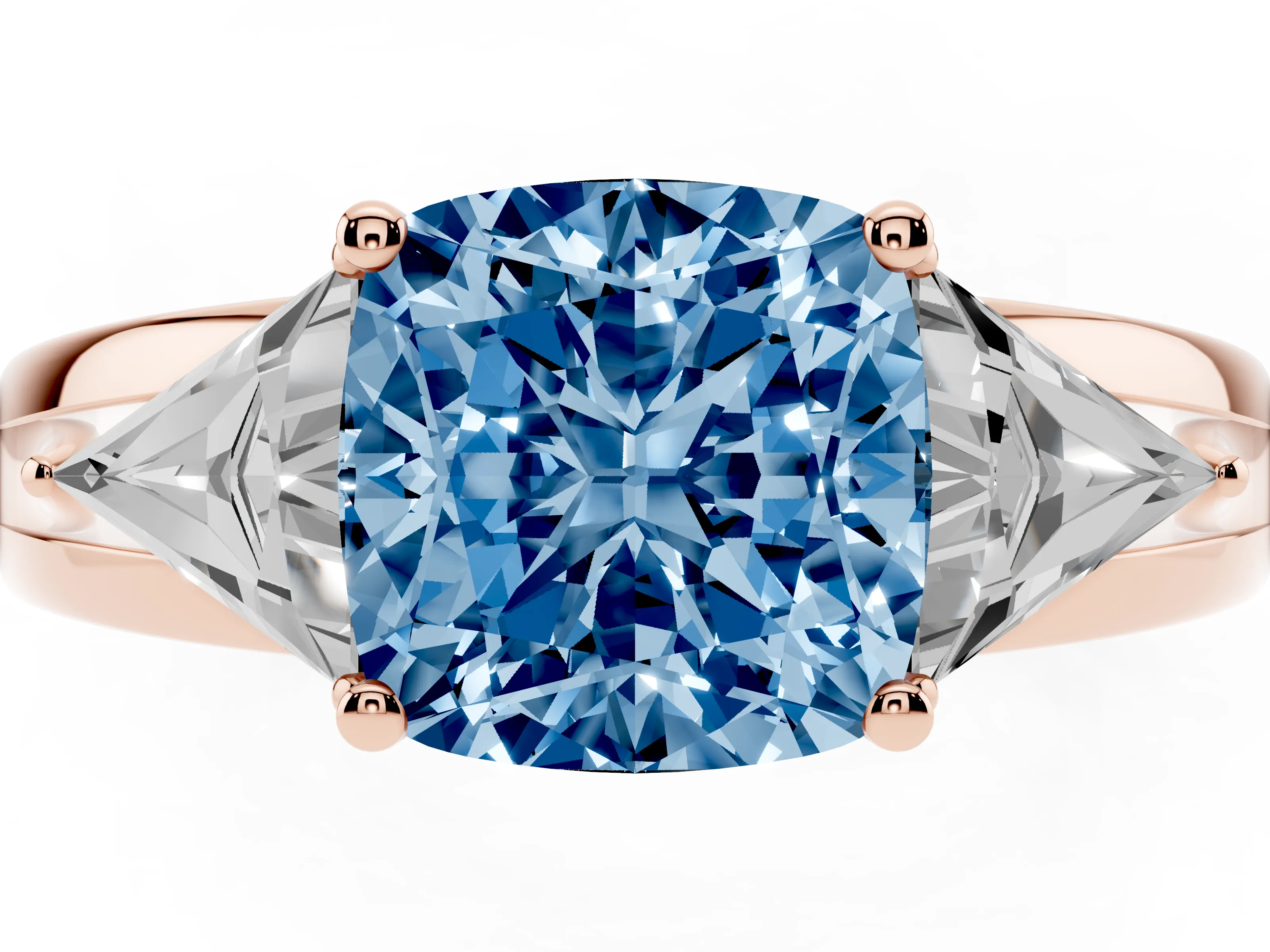 Fancy Blue Cushion Cut Diamond Three-Stone Ring Set in Rose gold with Trillion Side Stones and Split Shank