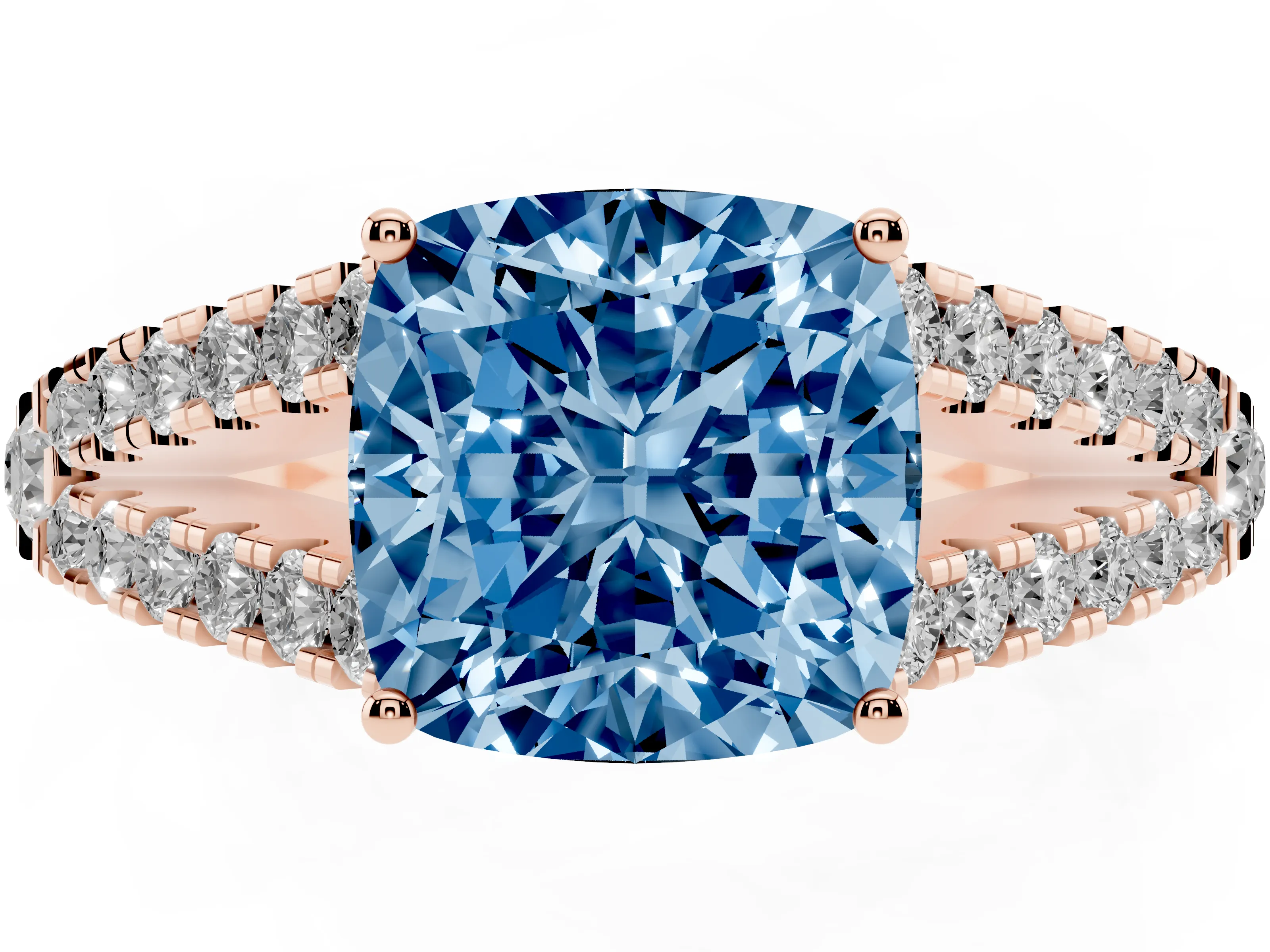 Fancy Blue Cushion Cut Diamond Split Shank Pavé Engagement Ring Set in Rose gold with Prong-Held Center Stone