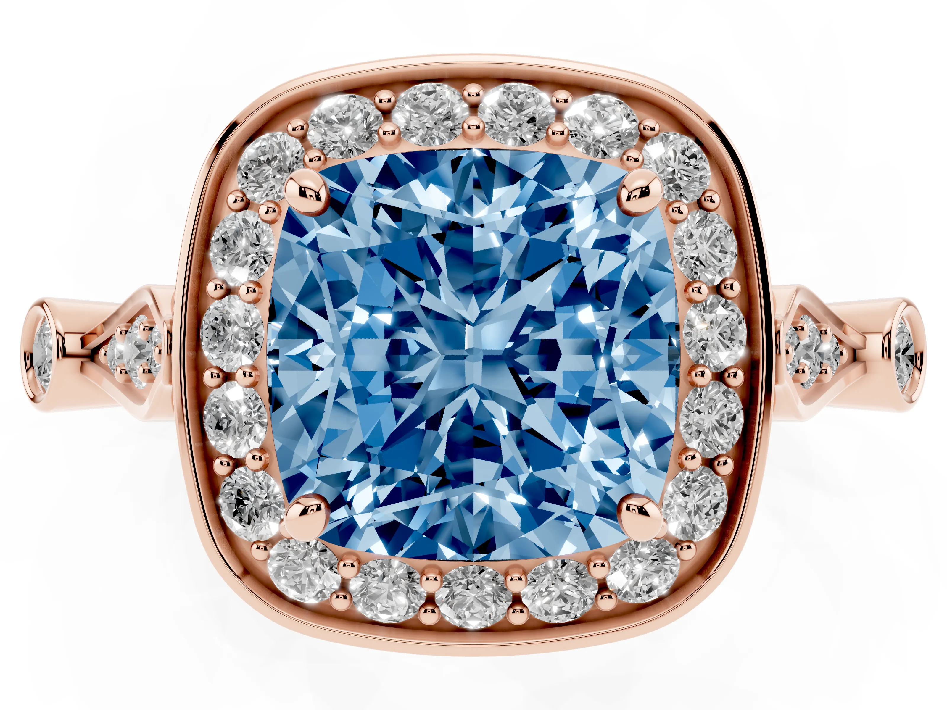 Fancy Blue Cushion Cut Diamond Halo Engagement Ring Set in Rose gold with Twisted Band and Prong Setting